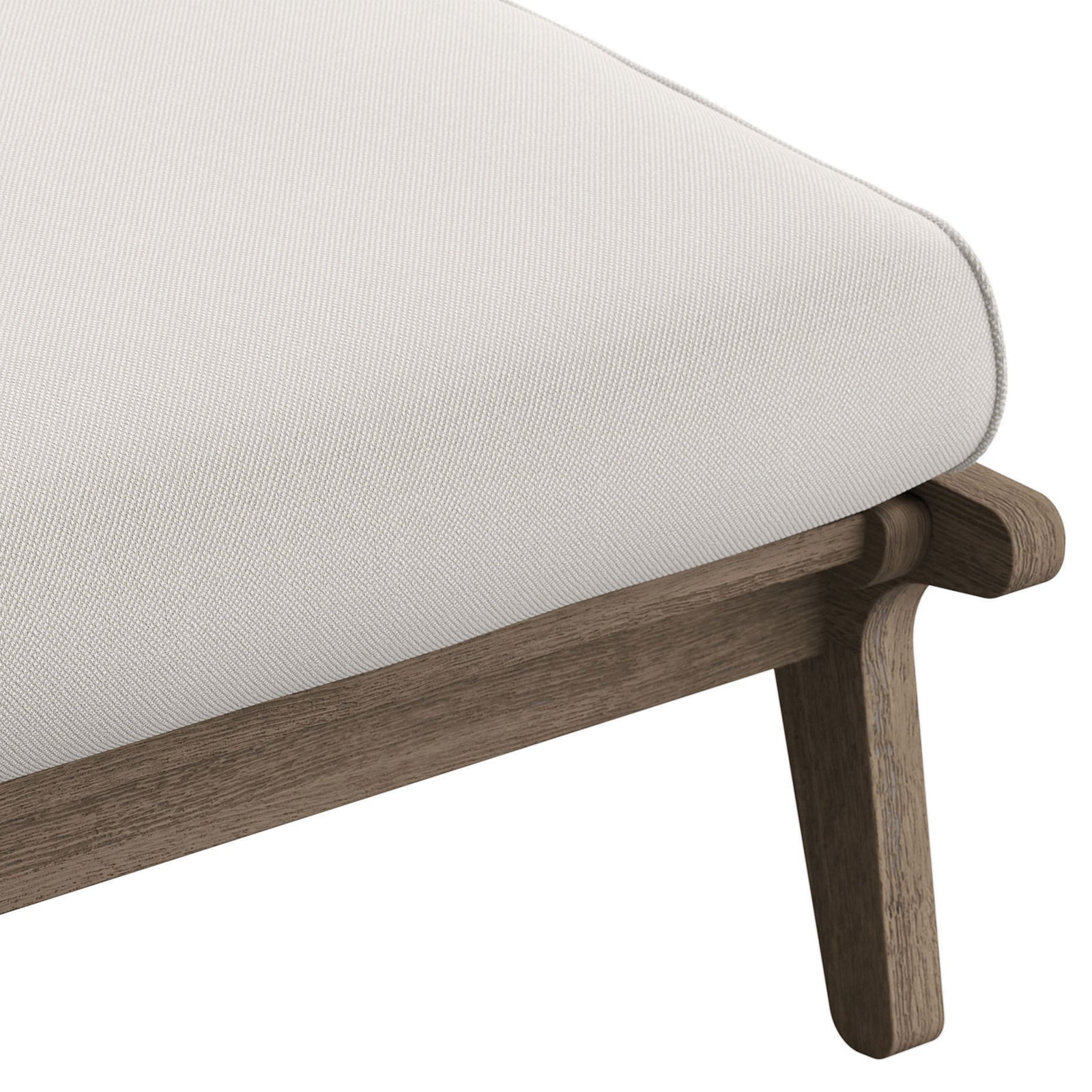 Soft white performance cushion fabric layered over a weathered teak ottoman frame || EEI-7250-WGR-WHI || swatch_studio