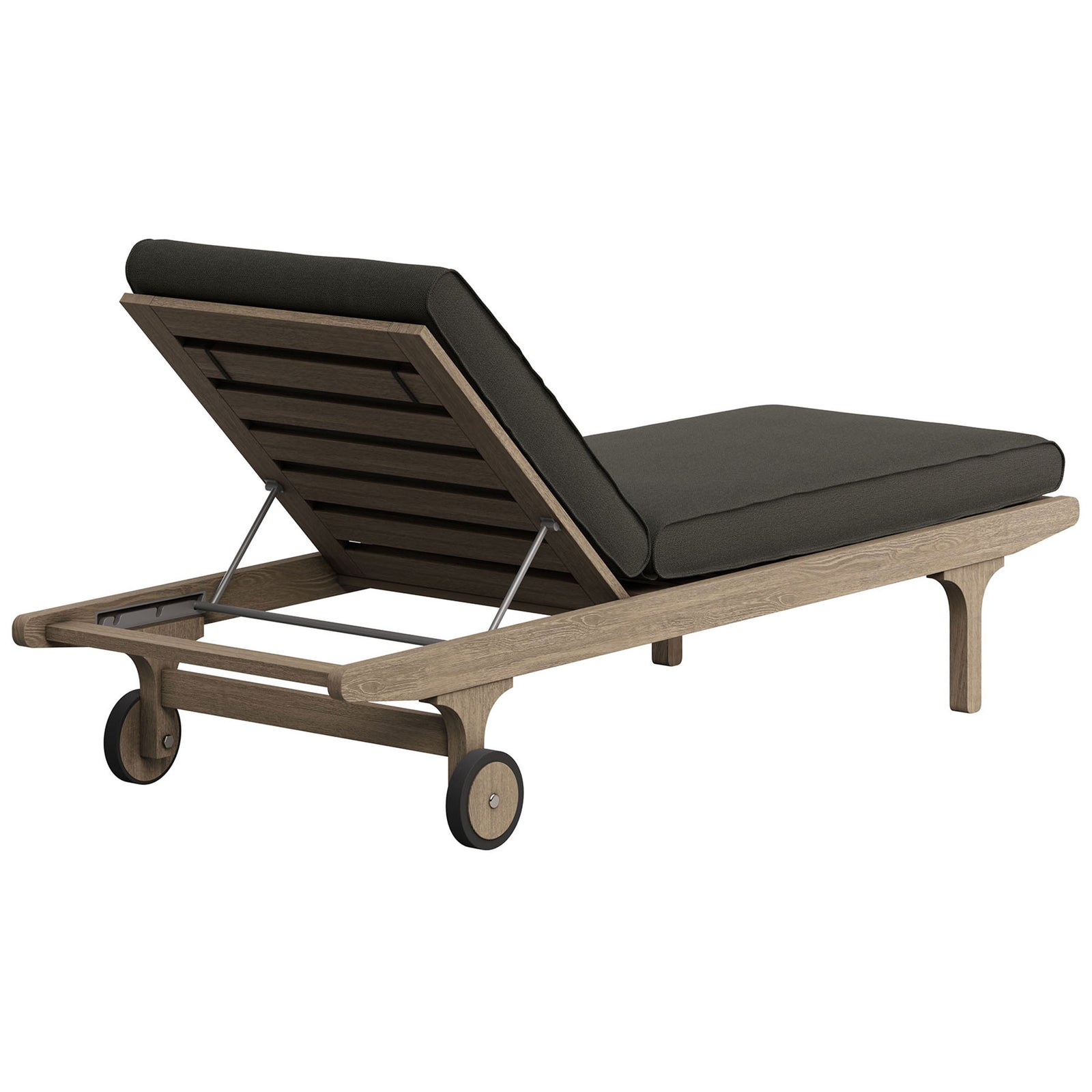 Teak chaise lounge with slatted backrest, rear wheels, and flint gray cushions || EEI-7251-WGR-FLI || back_angle_studio