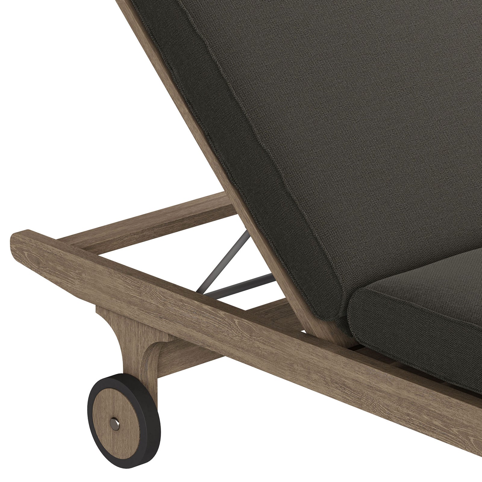 Teak frame with angled support bar and rear wheel beneath the flint gray chaise cushion || EEI-7251-WGR-FLI || leg_studio