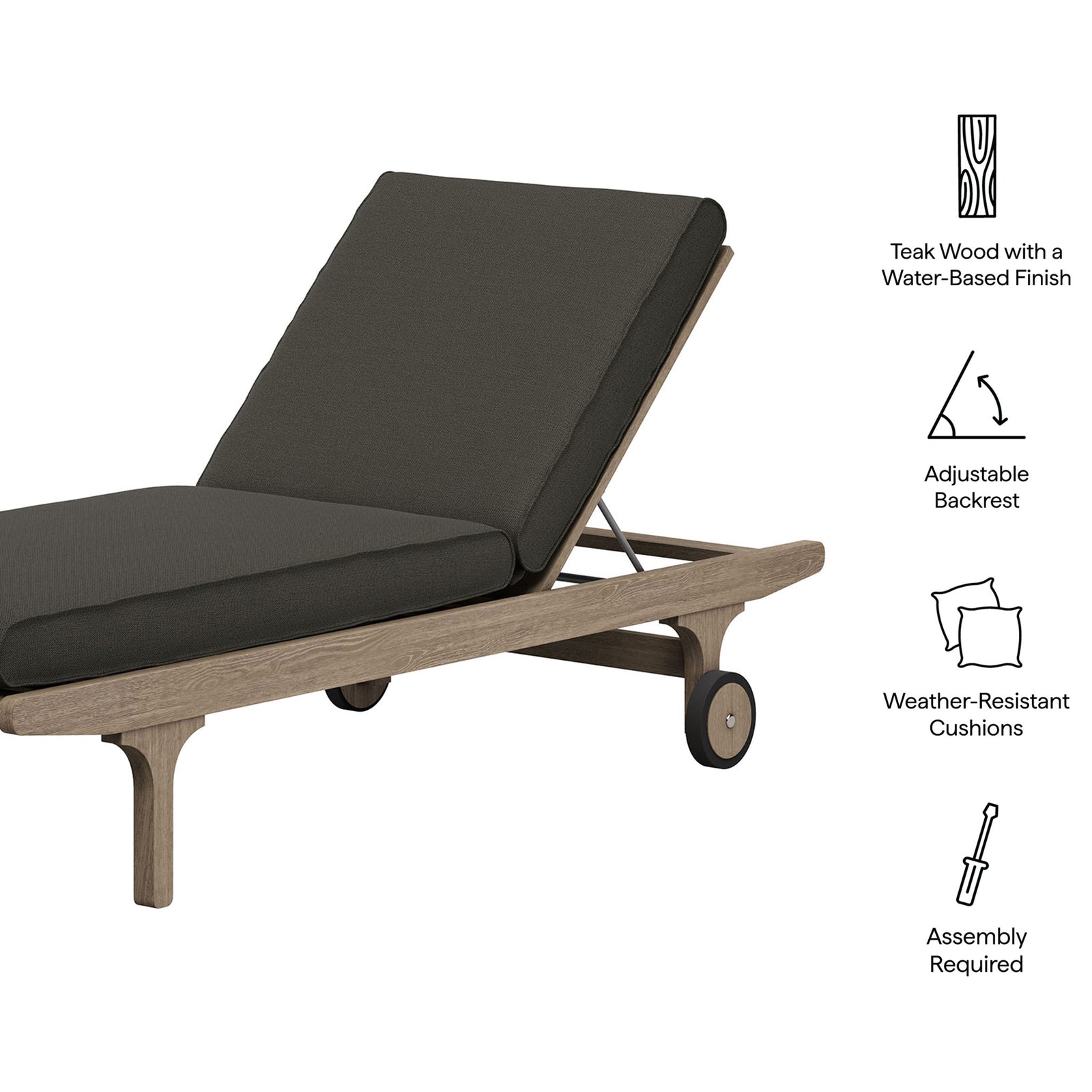 Feature graphic highlighting teak frame, adjustable backrest, and weather-resistant flint gray cushions || EEI-7251-WGR-FLI || callout_studio
