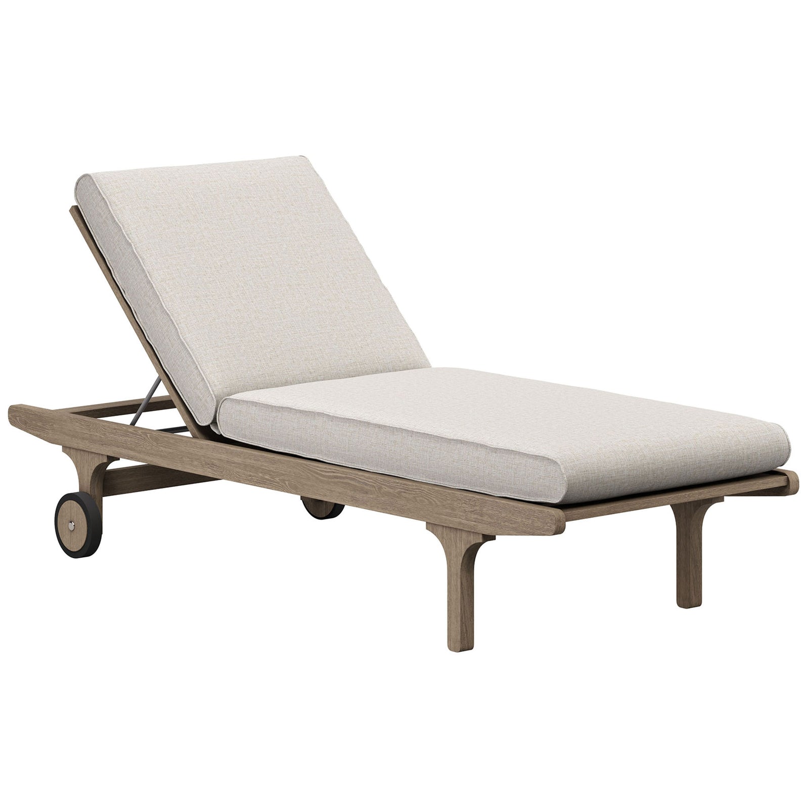 Teak outdoor chaise lounge with pebble cushions and an adjustable backrest on a slim wheeled frame || EEI-7251-WGR-PEB || front_angle_studio