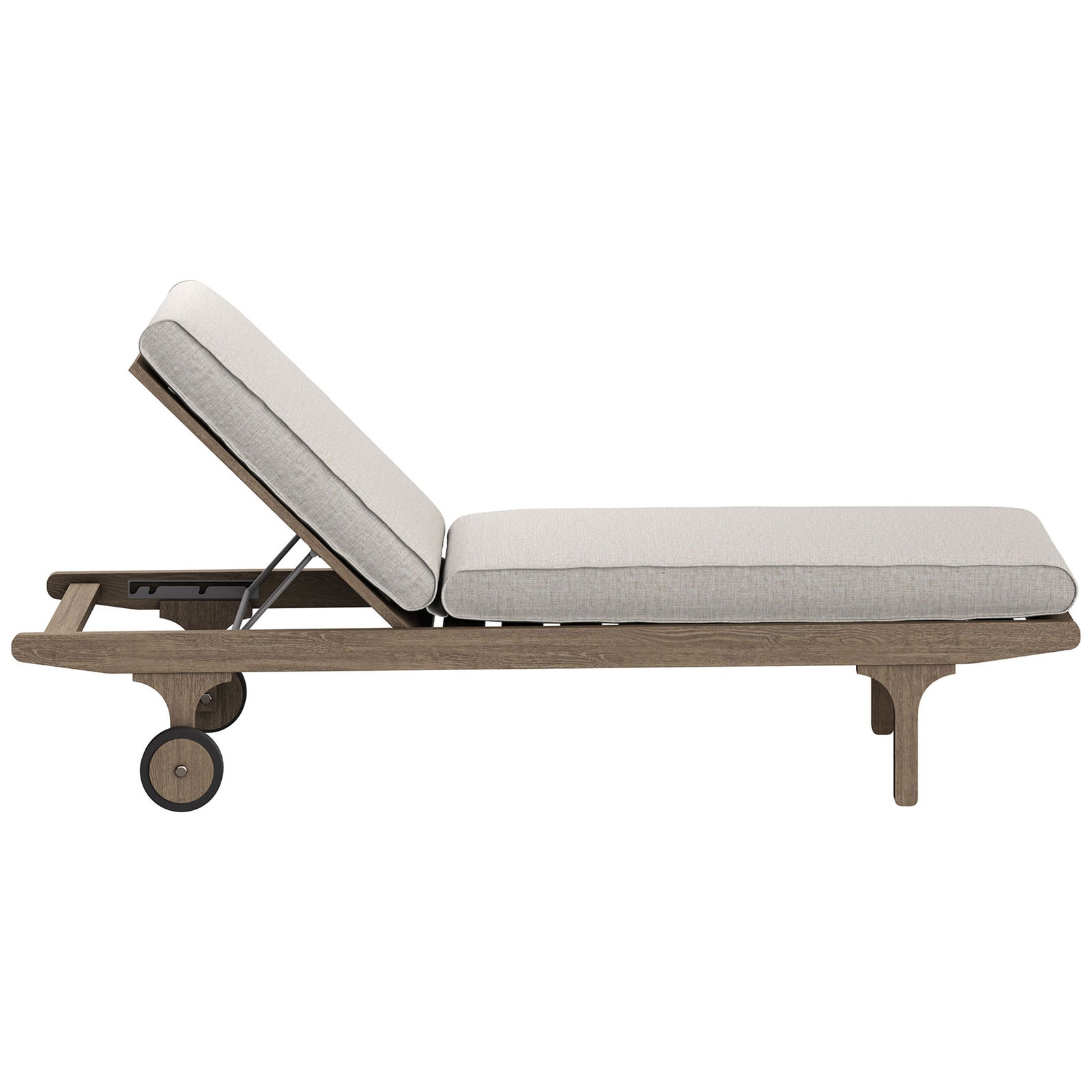 Slim teak pool lounger with pebble cushions and a three-position reclining backrest || EEI-7251-WGR-PEB || side_studio