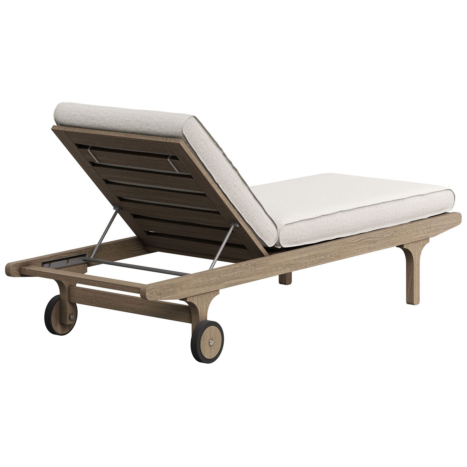 Teak chaise lounge with slatted backrest, rear wheels, and pebble cushions || EEI-7251-WGR-PEB || back_angle_studio