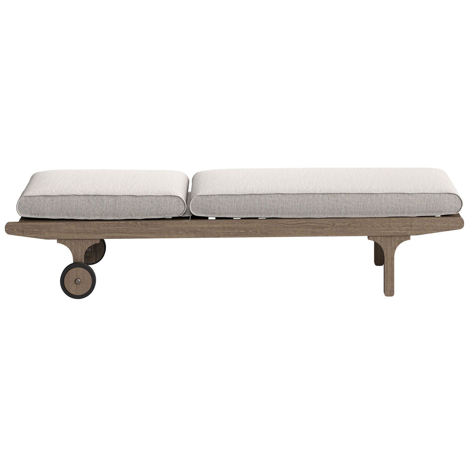 Teak outdoor chaise shown fully flat with pebble cushions on a low wheeled base || EEI-7251-WGR-PEB || side_converted_studio