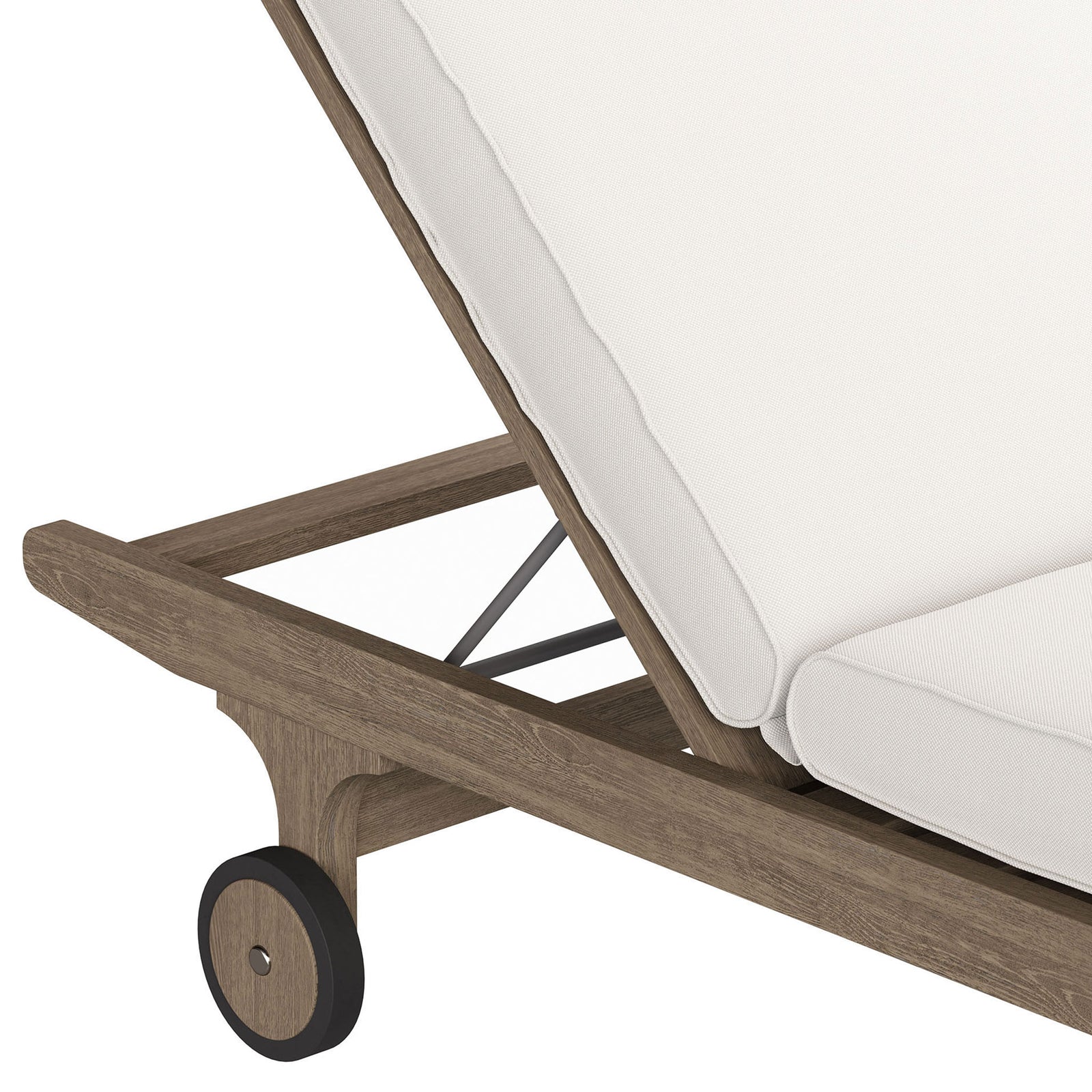 Teak frame with angled support bar and rear wheel beneath the white chaise cushion || EEI-7251-WGR-WHI || leg_studio
