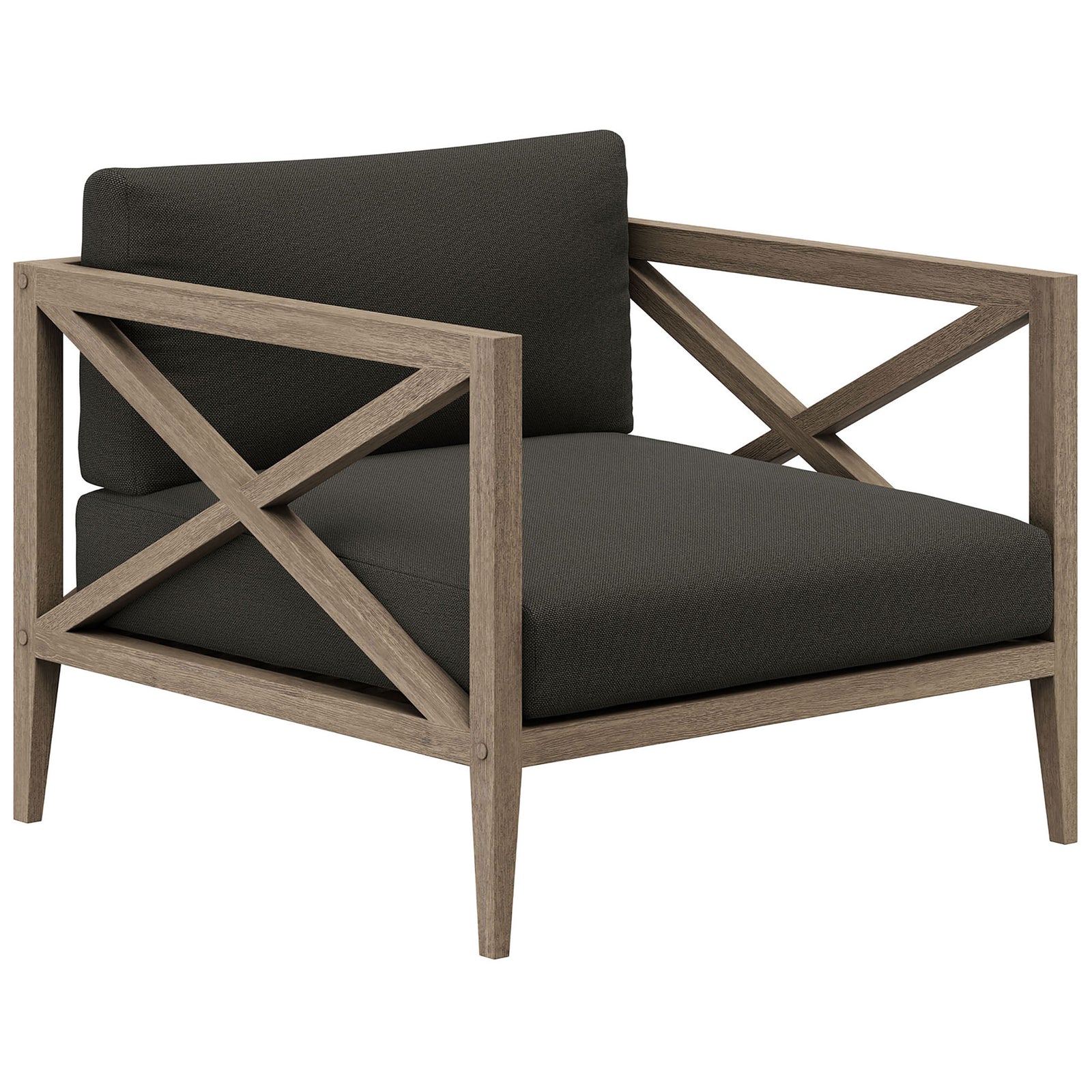 Northlake teak armchair with flint gray cushions and bold cross-back sides for outdoor lounging || EEI-7252-WGR-FLI || front_angle_studio