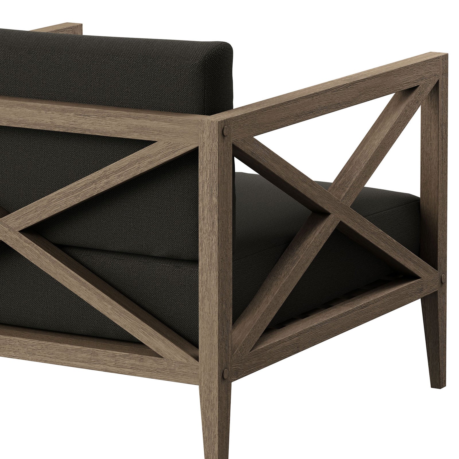 Teak cross-back frame detail highlights smooth joinery and the rich texture of flint gray cushions || EEI-7252-WGR-FLI || detail_studio