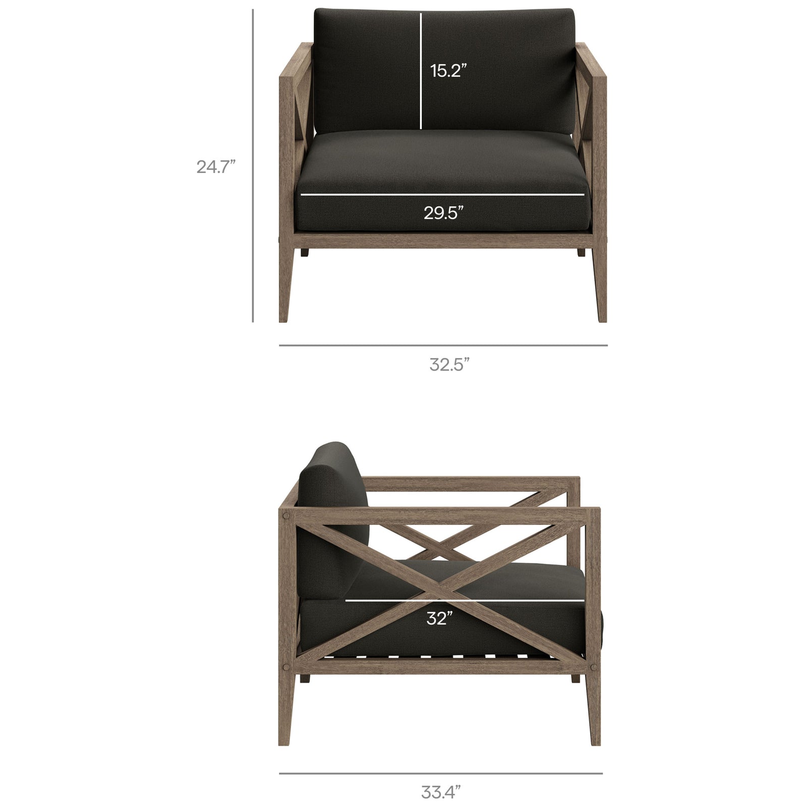 Dimension graphic for the Northlake flint gray armchair showing overall width, depth, height, and seat height || EEI-7252-WGR-FLI || dimension_studio