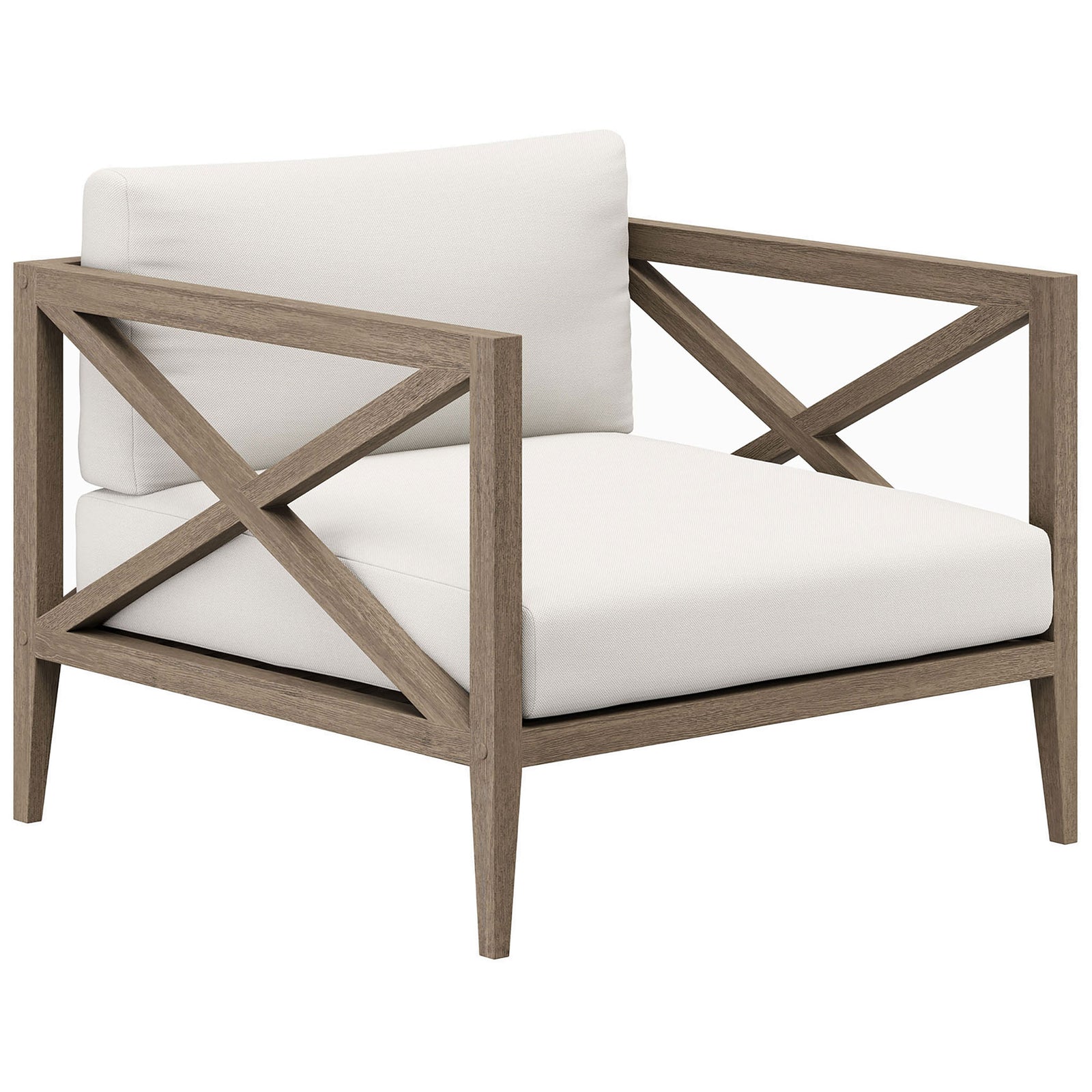 Northlake teak armchair with crisp white cushions and X-frame sides in a weathered gray outdoor finish || EEI-7252-WGR-WHI || front_angle_studio