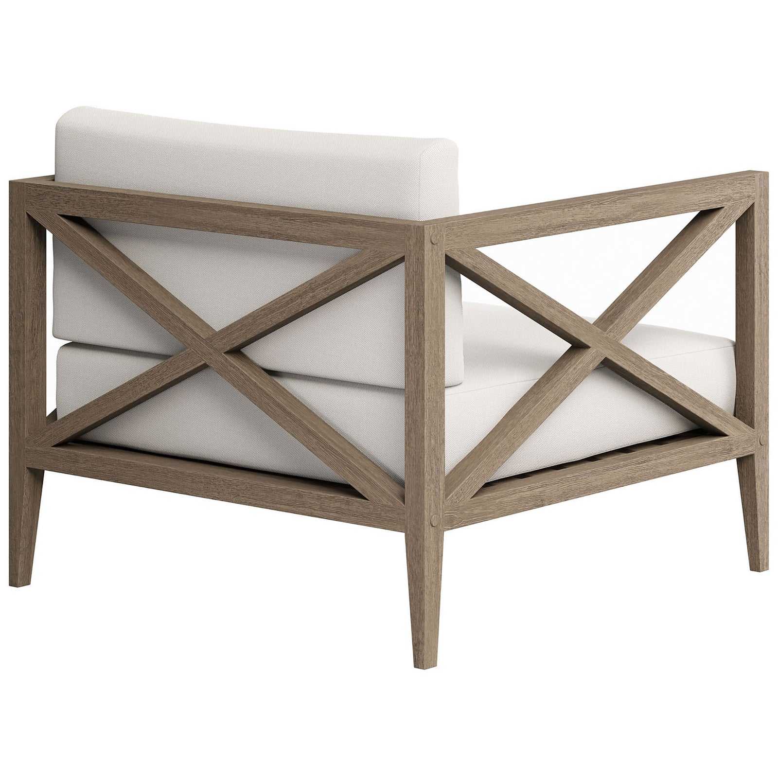 Weathered teak X-back and tapered legs frame the clean white cushions with timeless outdoor style || EEI-7252-WGR-WHI || back_angle_studio