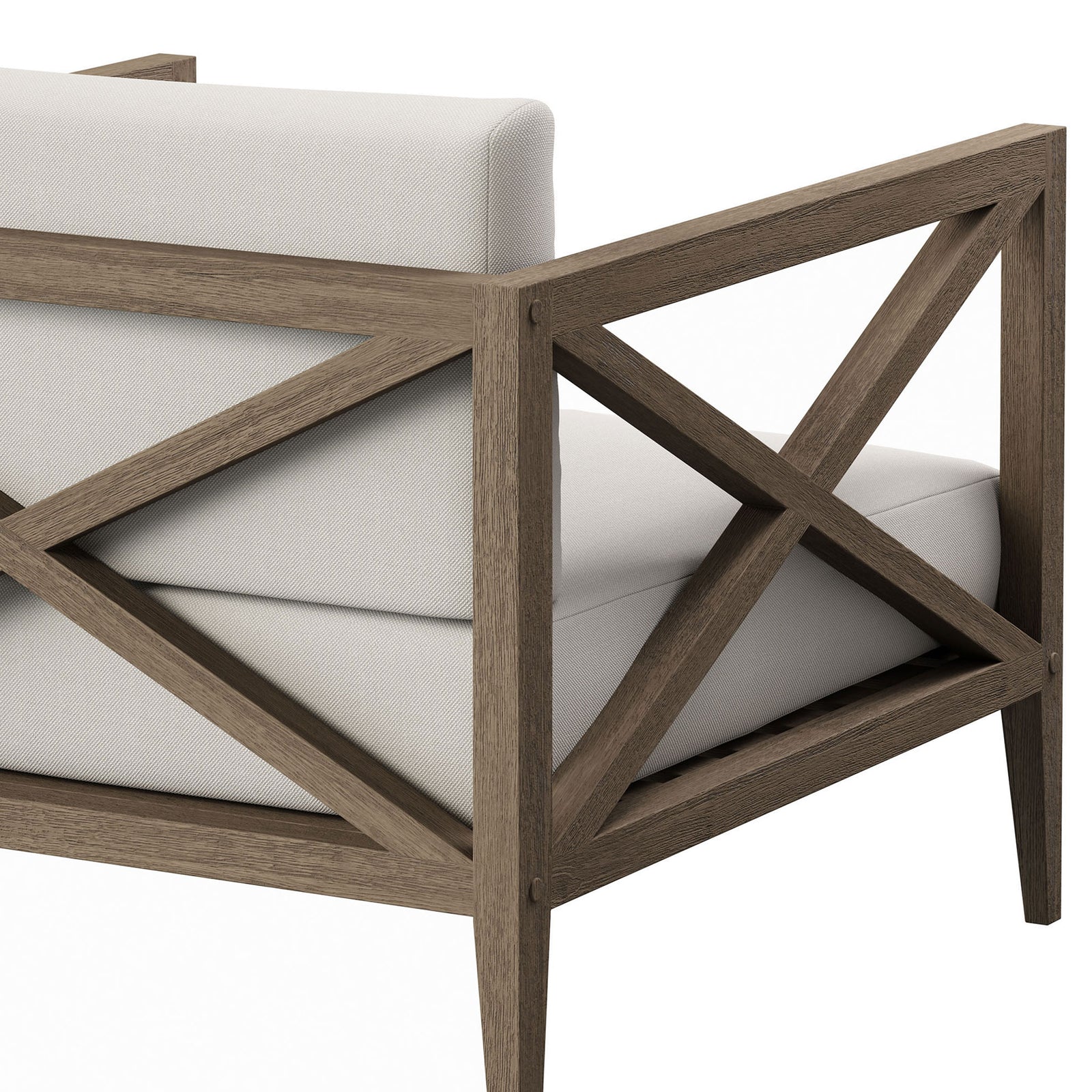 Fine detail of the weathered teak cross-back and smooth white cushions on the Northlake patio chair || EEI-7252-WGR-WHI || detail_studio
