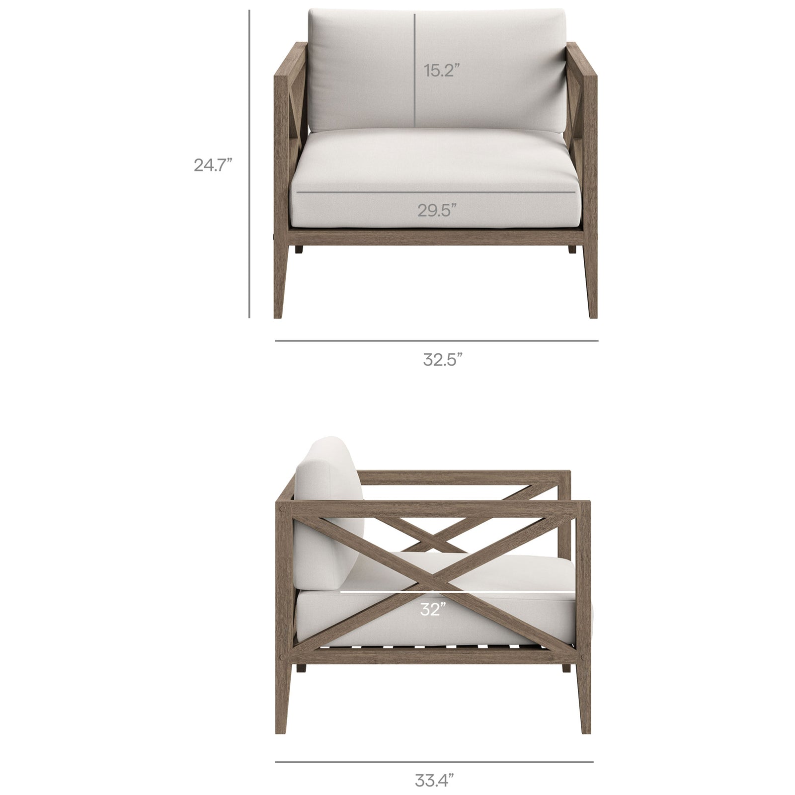 Size chart for the Northlake white cushion armchair presenting overall dimensions and generous seat depth || EEI-7252-WGR-WHI || dimension_studio