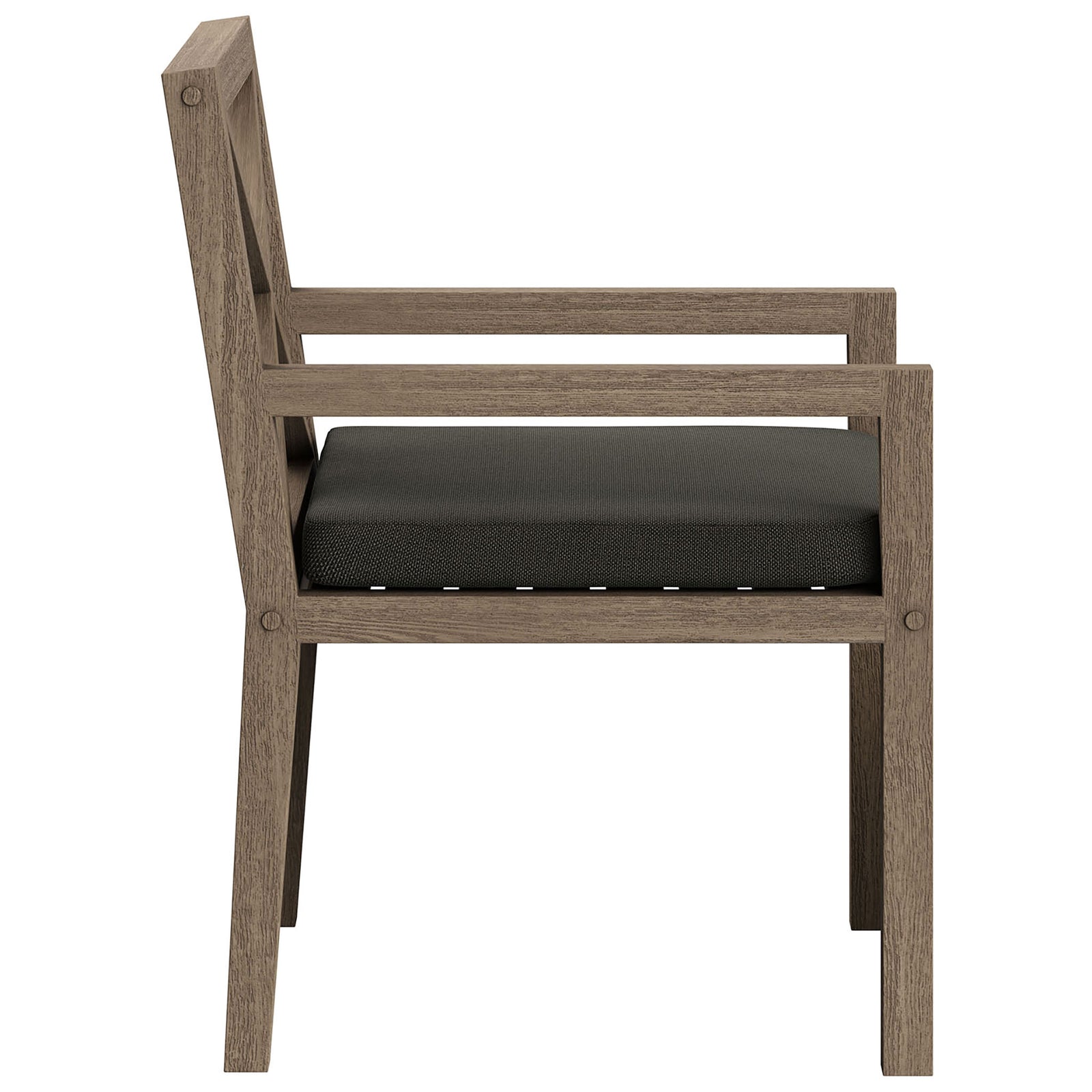 Slim teak frame and straight legs showcase the chair's space-saving profile and supportive arms. || EEI-7253-WGR-FLI || side_studio