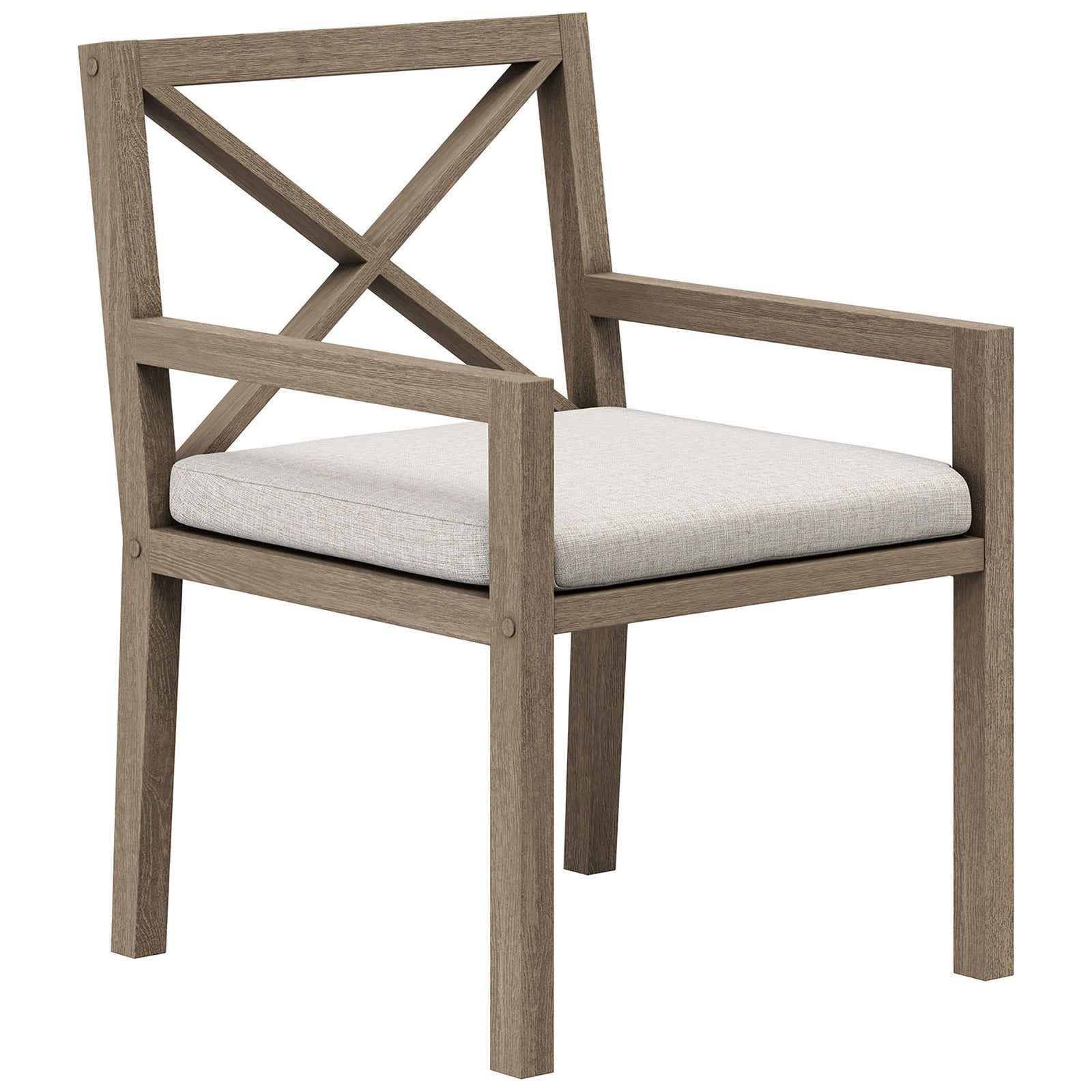 Teak outdoor dining chair pairs clean lines with a plush pebble cushion for relaxed patio seating. || EEI-7253-WGR-PEB || front_angle_studio