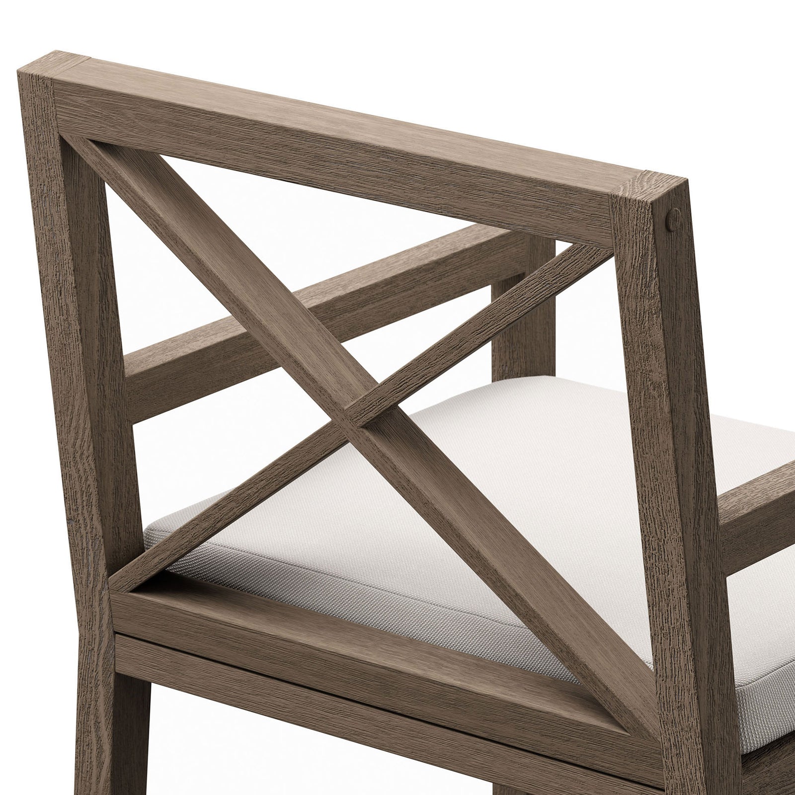 Fine X-back joinery, smooth teak grain, and a tailored white cushion showcase thoughtful detailing. || EEI-7253-WGR-WHI || detail_studio