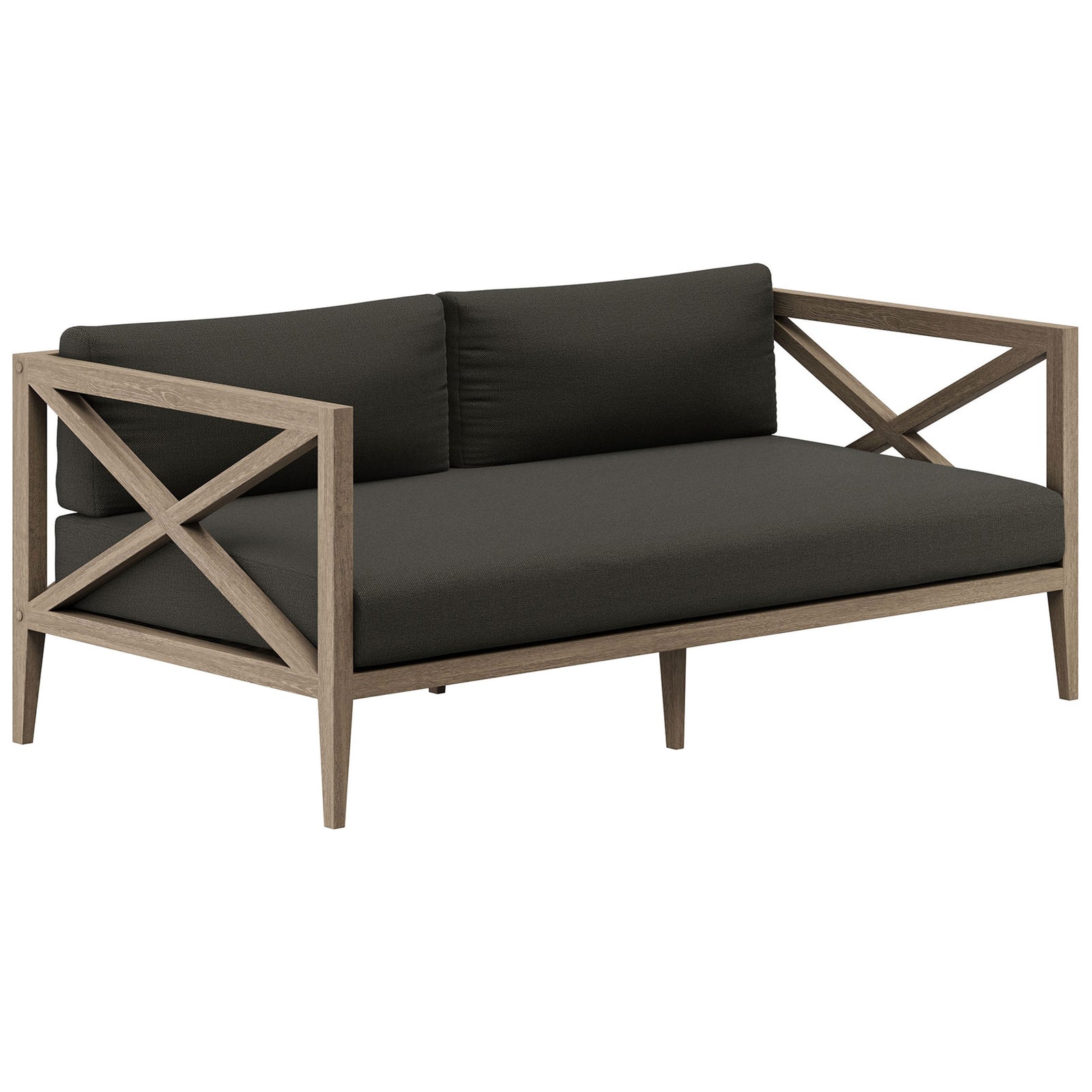 Northlake teak loveseat pairs a weathered frame with deep flint gray cushions for resort-worthy comfort. || EEI-7254-WGR-FLI || front_angle_studio