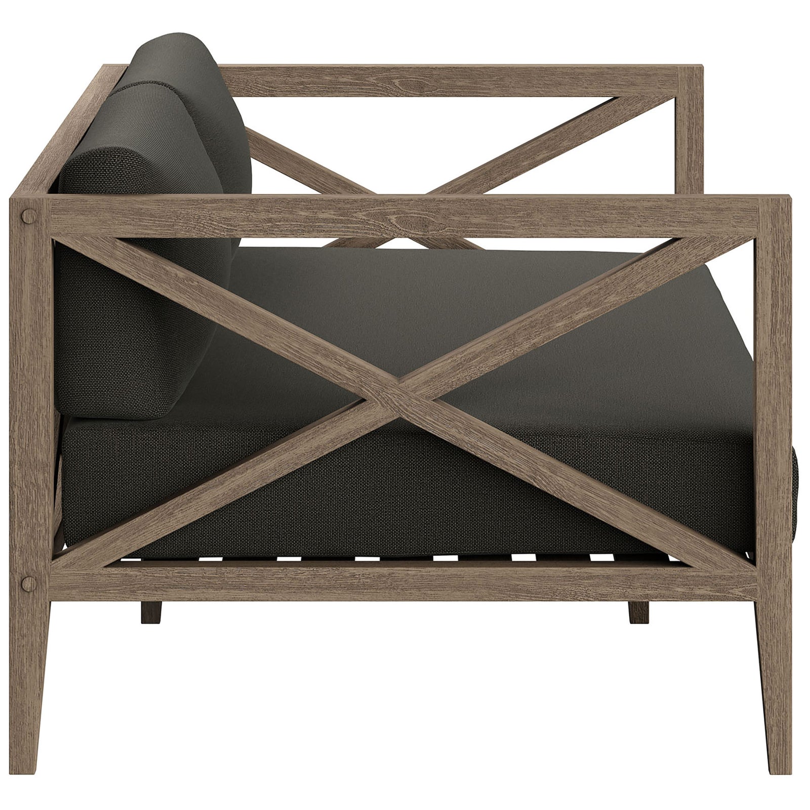 Slender teak arms and tapered legs frame the flint gray cushions for a clean, coastal-inspired look. || EEI-7254-WGR-FLI || side_studio