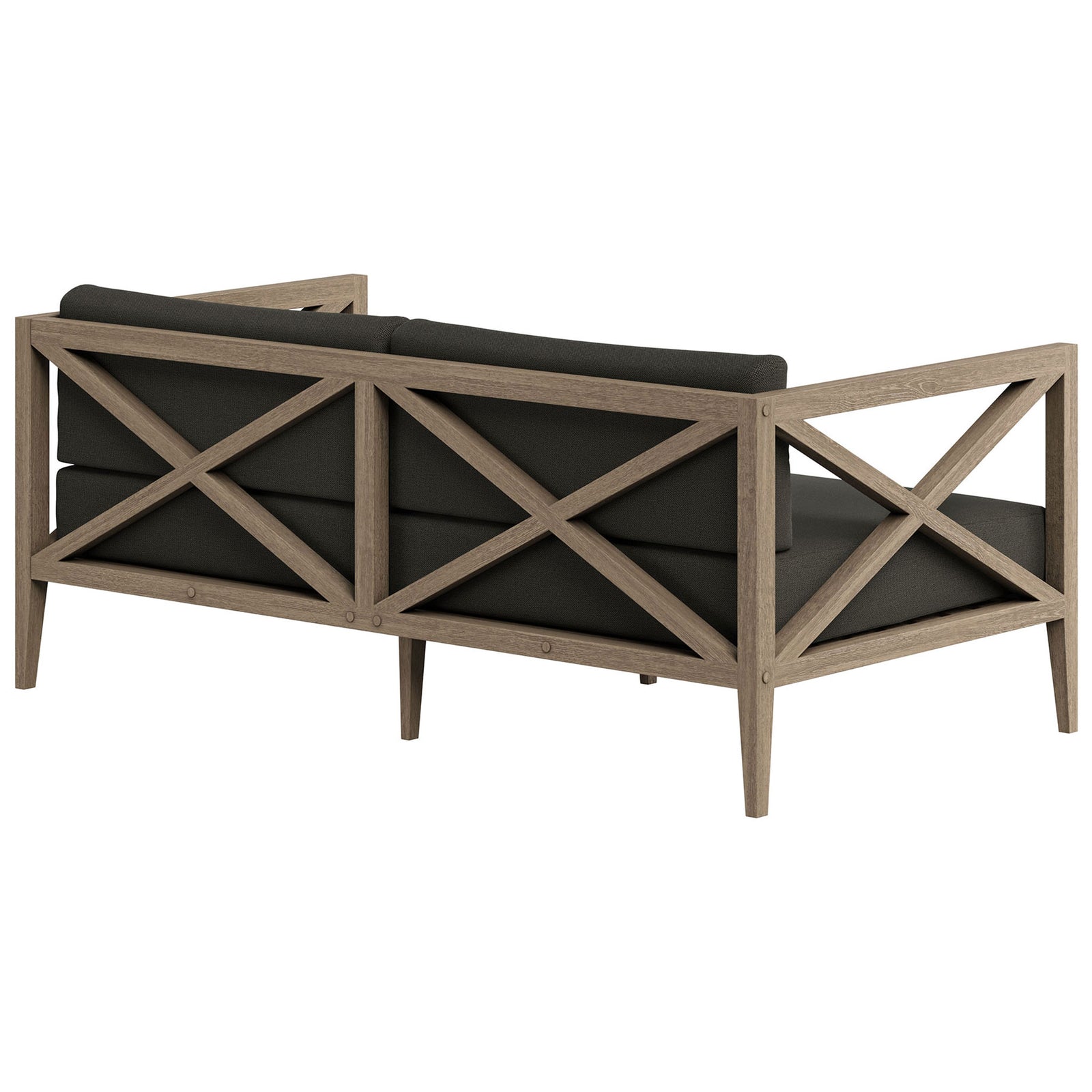 Open cross-back teak frame and supportive back cushions bring airy style to this flint gray outdoor loveseat. || EEI-7254-WGR-FLI || back_angle_studio