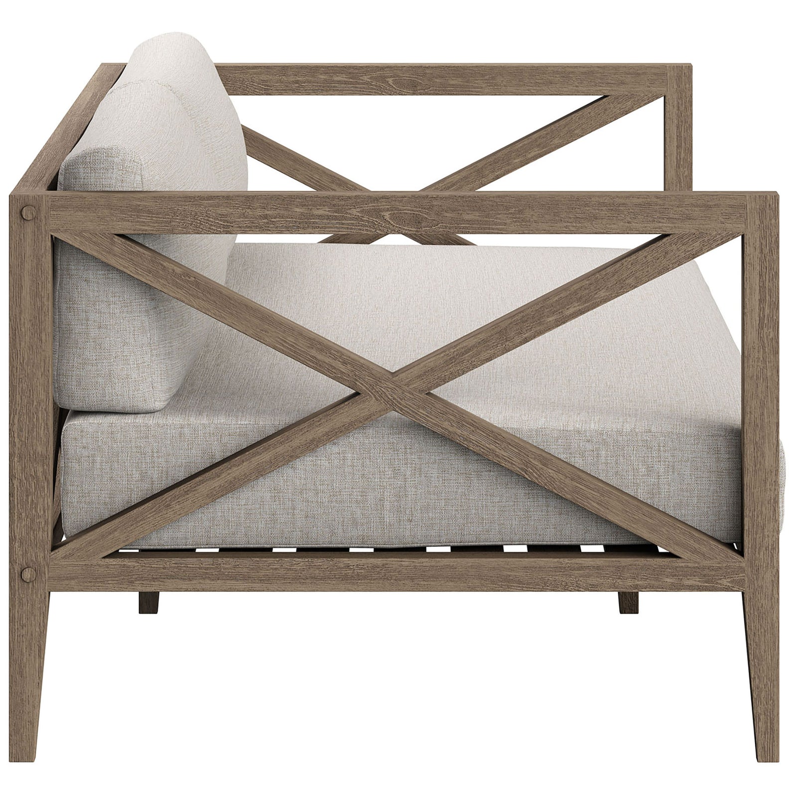 Slender teak arms and tapered legs frame the pebble cushions for a clean, coastal-inspired look. || EEI-7254-WGR-PEB || side_studio