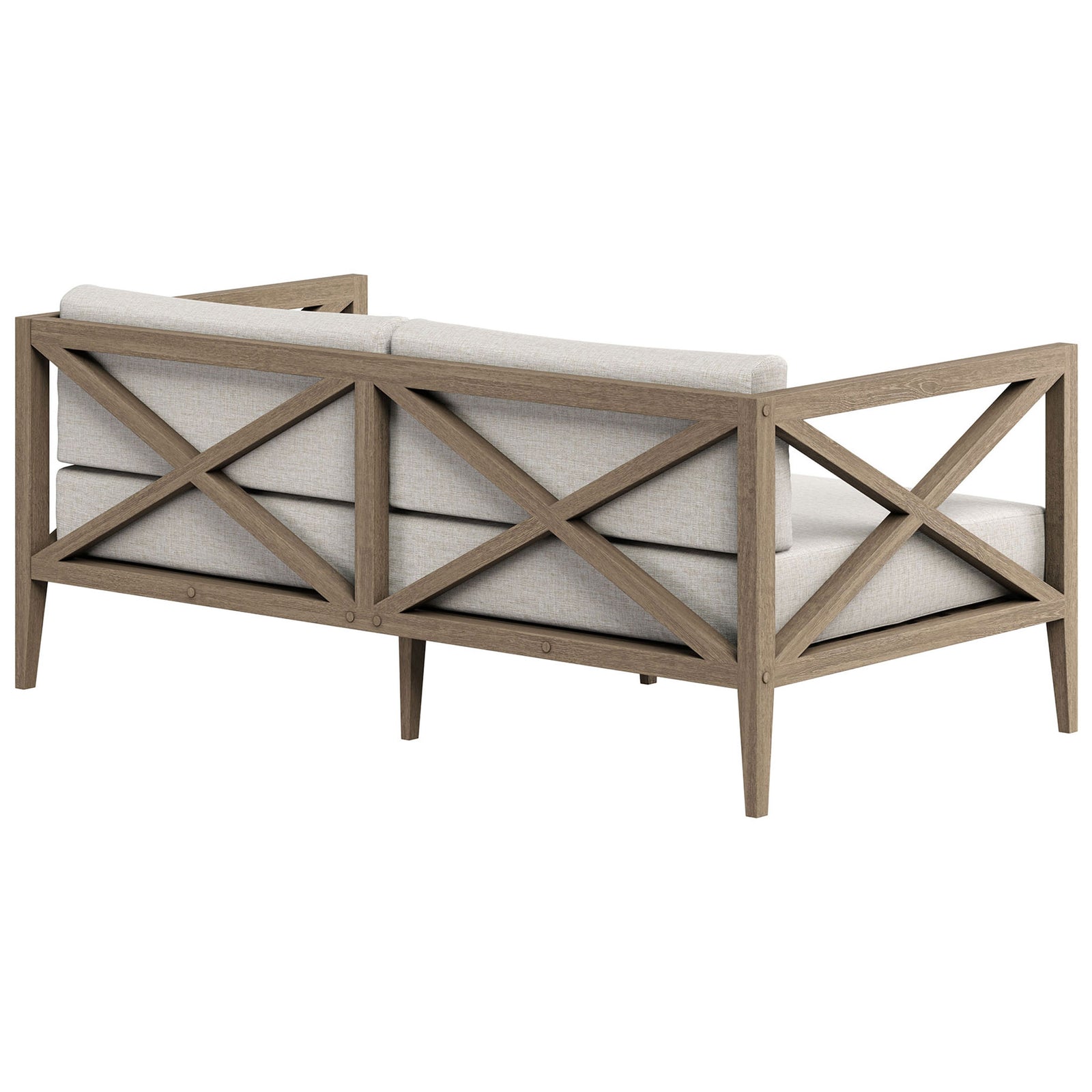 Open cross-back teak frame and supportive back cushions bring airy style to this pebble outdoor loveseat. || EEI-7254-WGR-PEB || back_angle_studio