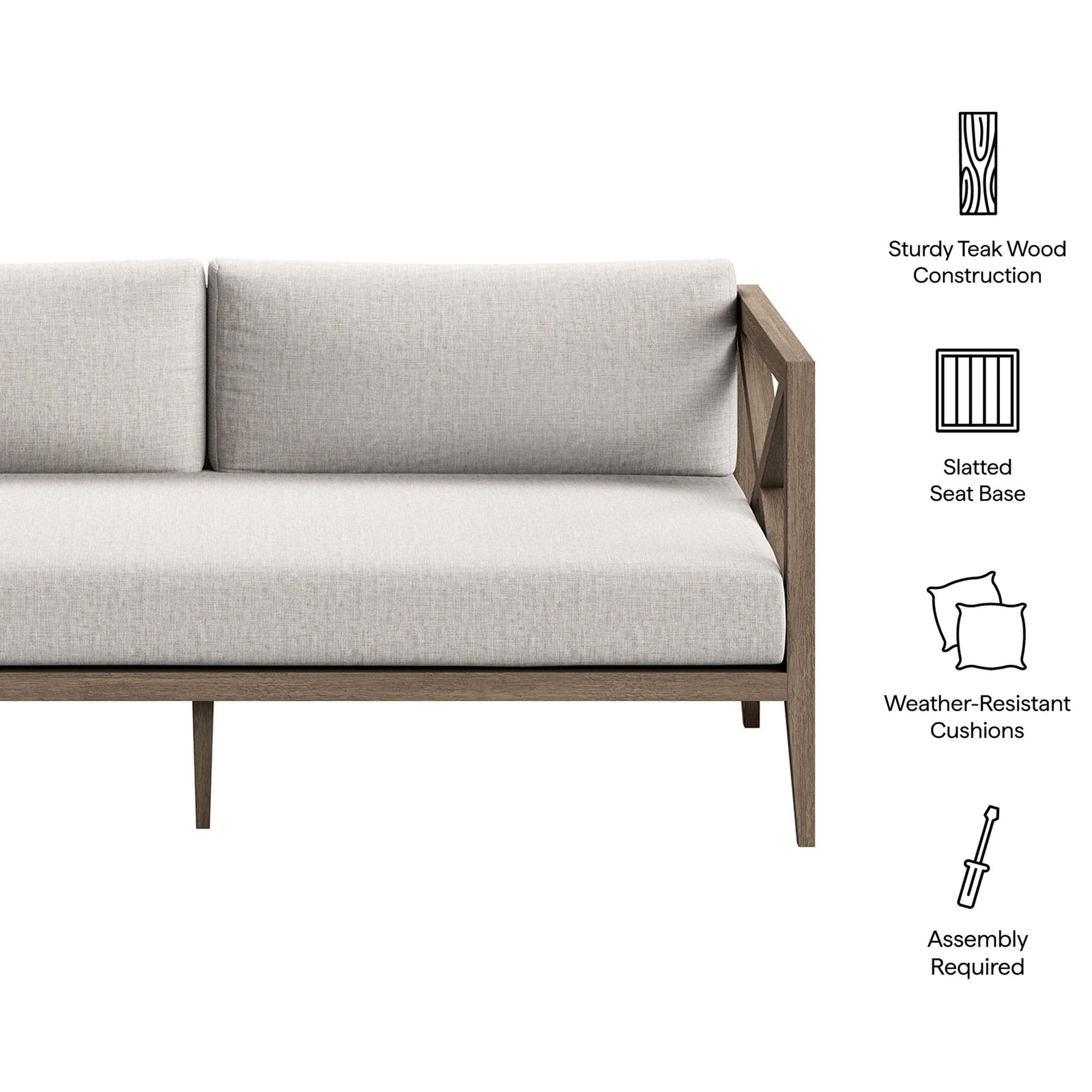 Feature icons highlight the teak frame, slatted seat base, and weather-resistant pebble cushions of this loveseat. || EEI-7254-WGR-PEB || callout_studio