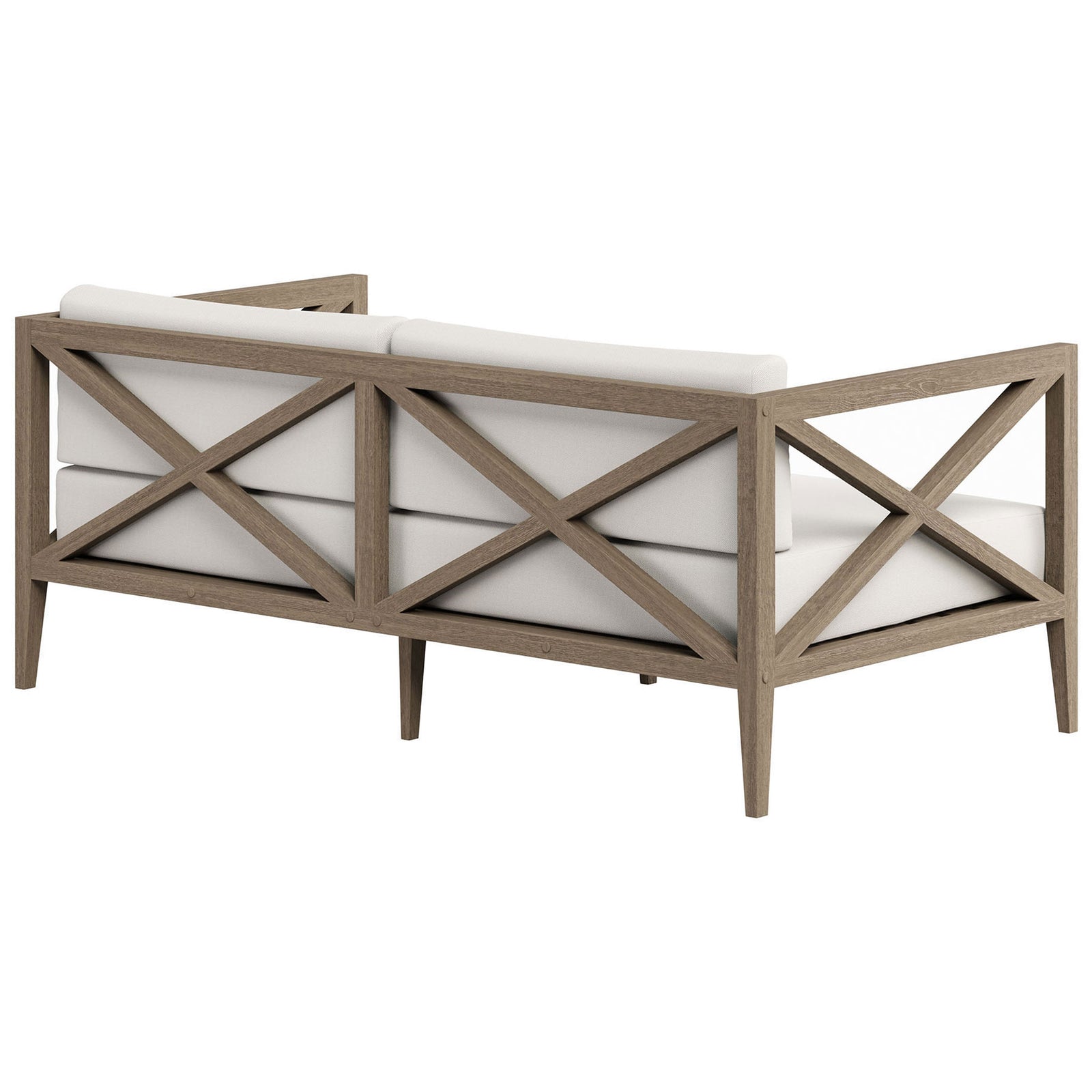 Open cross-back teak frame and supportive white back cushions bring airy style to this outdoor loveseat. || EEI-7254-WGR-WHI || back_angle_studio