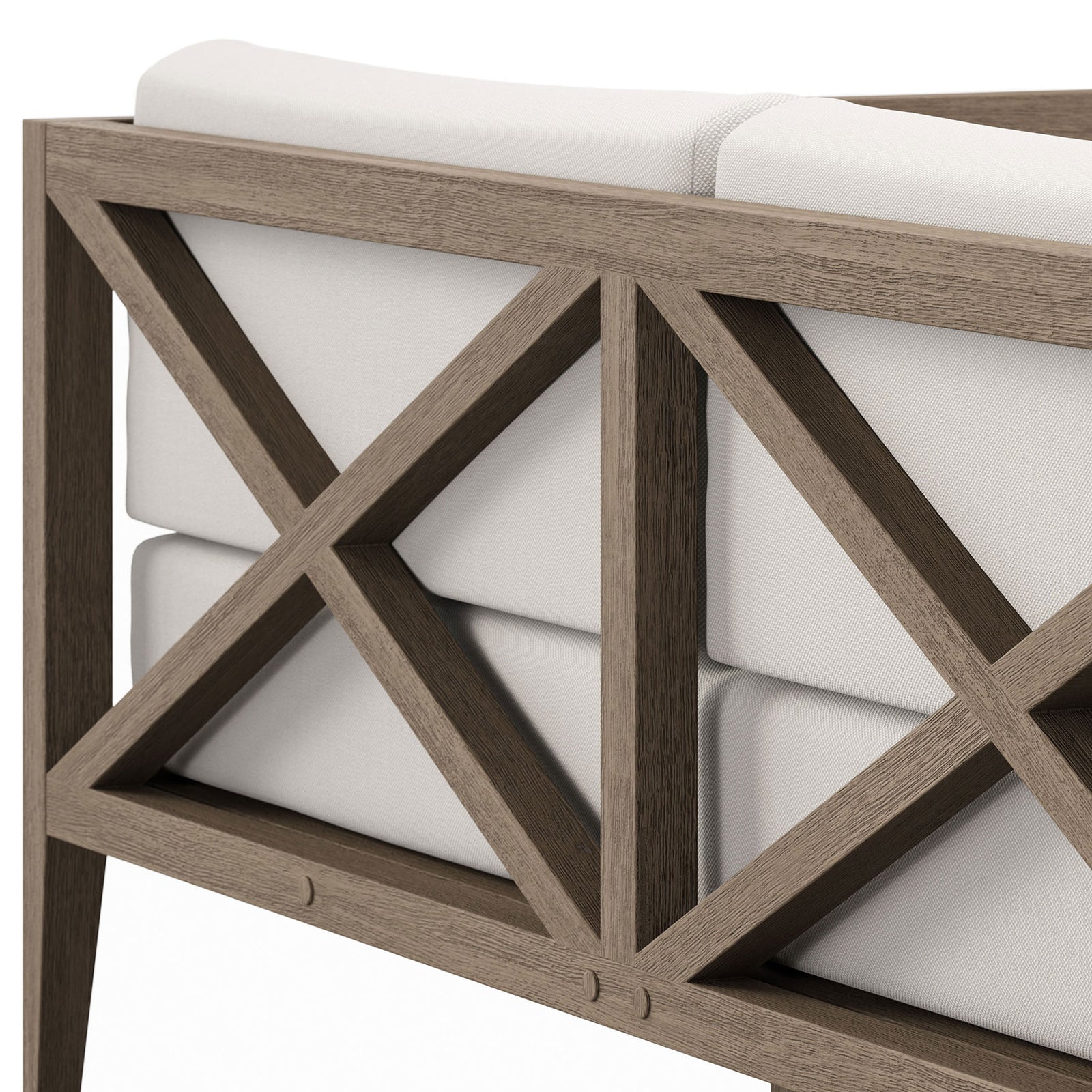 Detail of the teak cross-brace and layered white cushions showcases durable outdoor craftsmanship. || EEI-7254-WGR-WHI || detail_studio