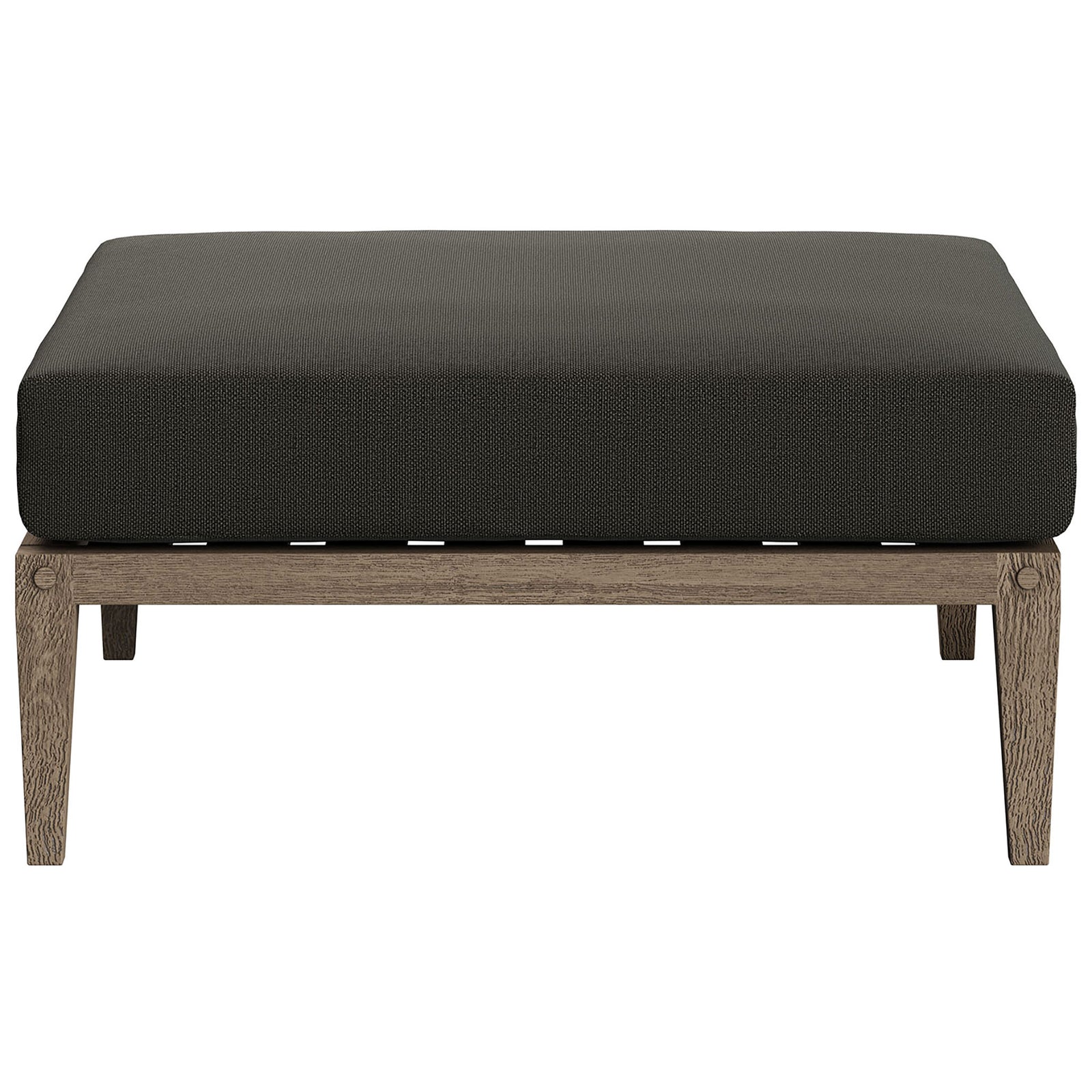 Modern teak patio ottoman with thick charcoal cushion and slatted base for breathable comfort || EEI-7255-WGR-FLI || front_studio