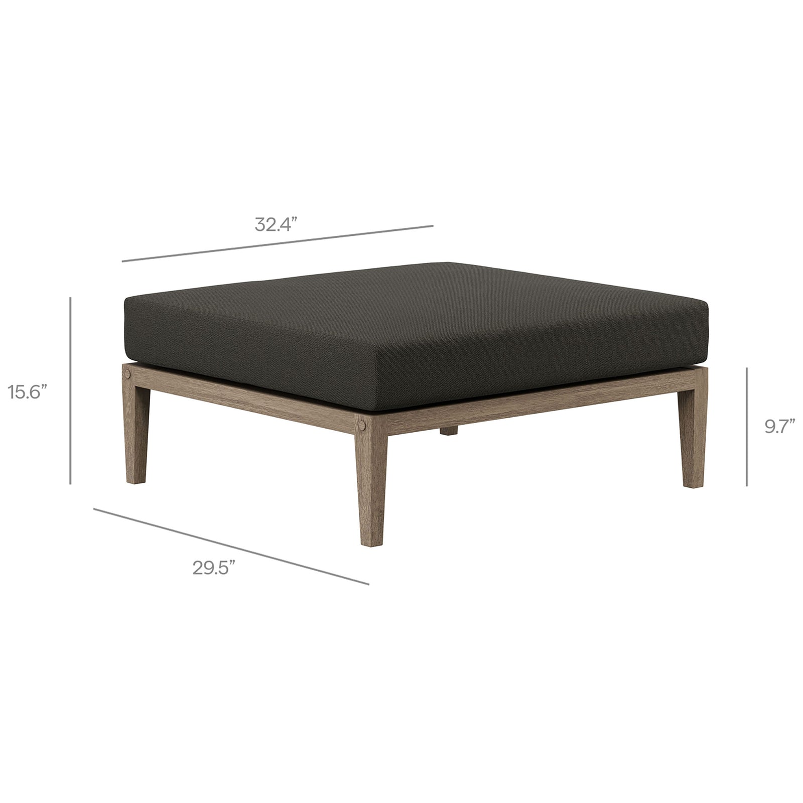 Northlake teak patio ottoman with charcoal cushion and clearly marked dimensions for easy planning || EEI-7255-WGR-FLI || dimension_studio