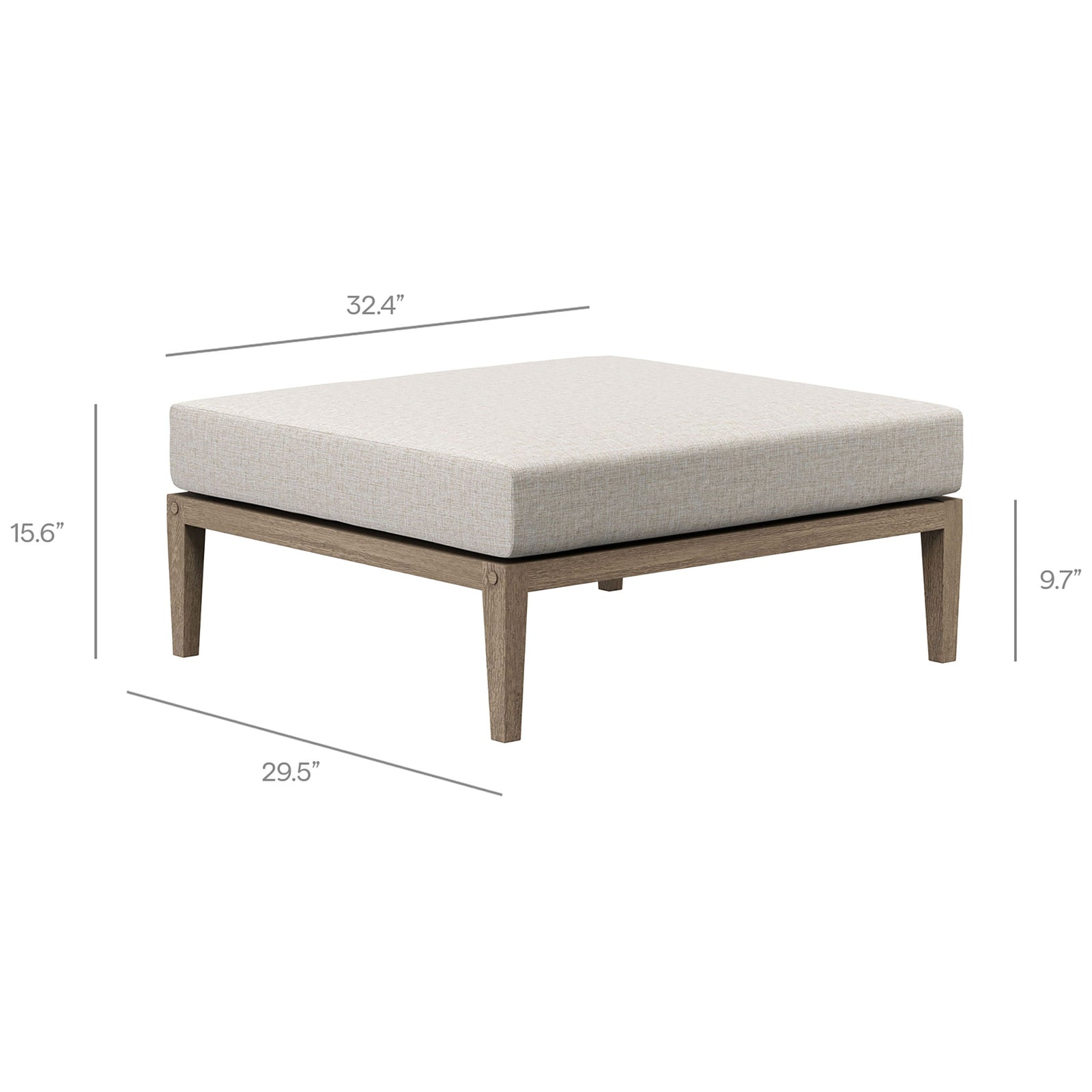 Northlake teak patio ottoman with beige cushion and clearly marked dimensions for easy planning || EEI-7255-WGR-PEB || dimension_studio