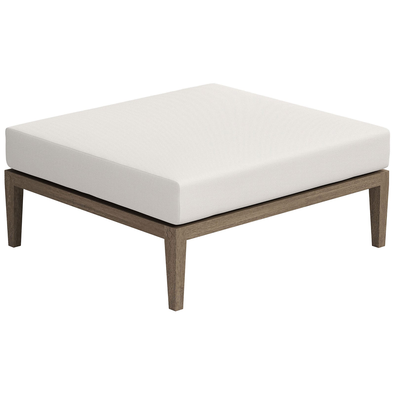 Spacious square outdoor ottoman in teak with white performance cushion for lounging || EEI-7255-WGR-WHI || front_angle_studio
