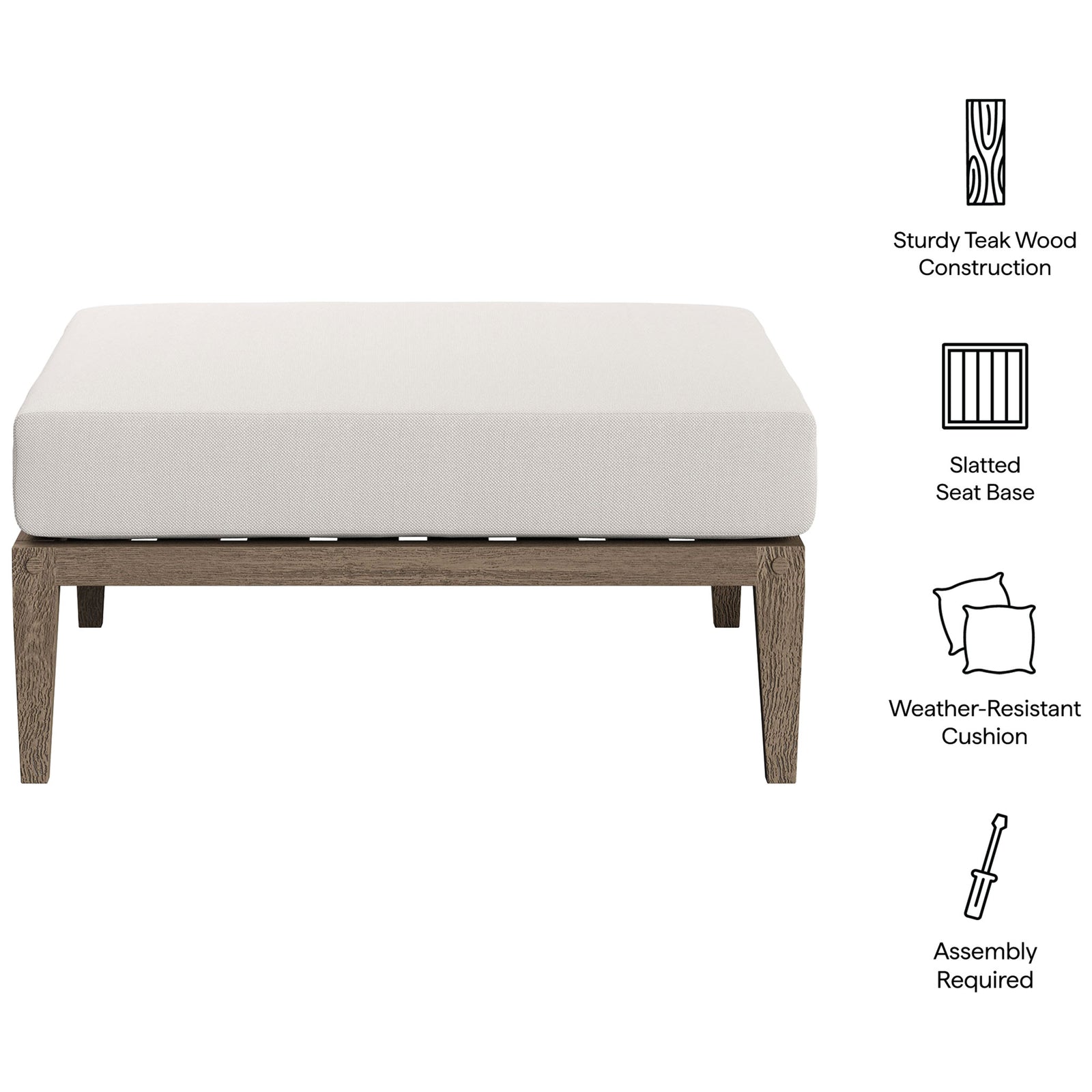 Northlake teak outdoor ottoman with white cushion emphasizing sturdy frame, slatted base, and weather-resistant design || EEI-7255-WGR-WHI || callout_studio