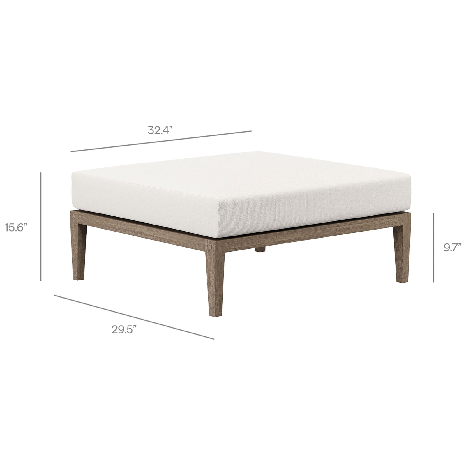 Northlake teak patio ottoman with white cushion and clearly marked dimensions for easy planning || EEI-7255-WGR-WHI || dimension_studio