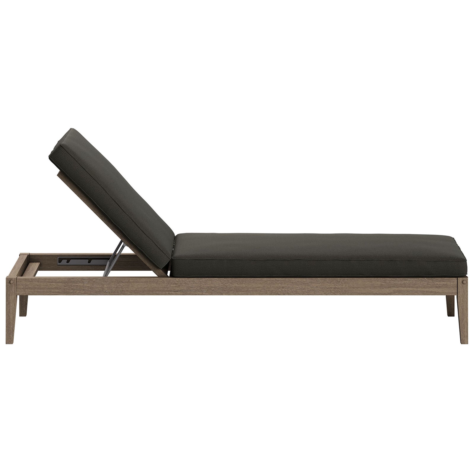 Slim teak chaise lounge with dark gray cushion highlighting the long, low profile and modern silhouette || EEI-7256-WGR-FLI || side_converted_studio