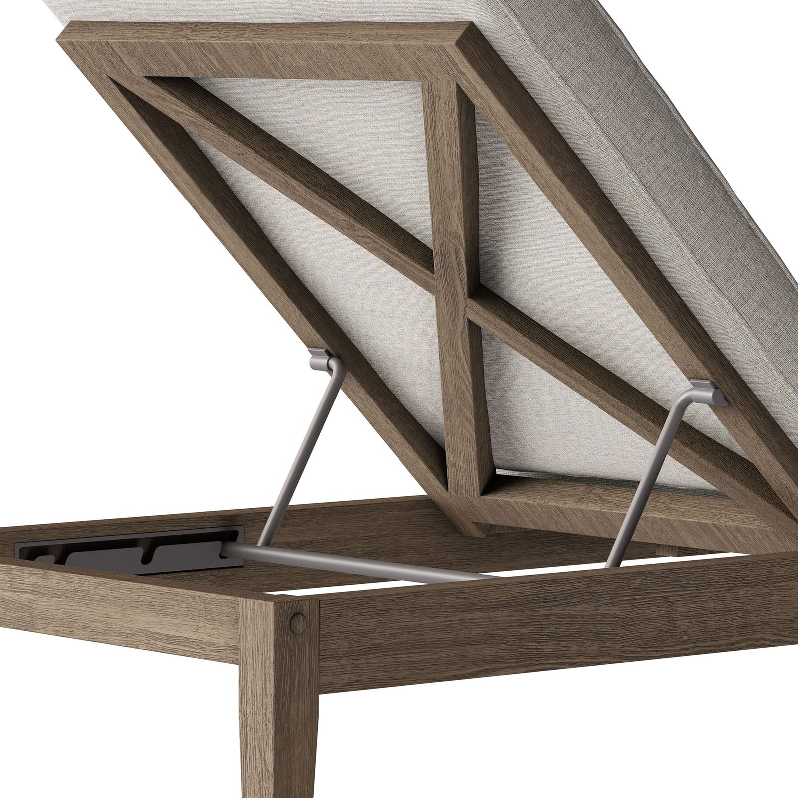 Teak frame and metal support hardware detail highlighting the chaise lounge adjustable backrest mechanism || EEI-7256-WGR-PEB || detail_studio