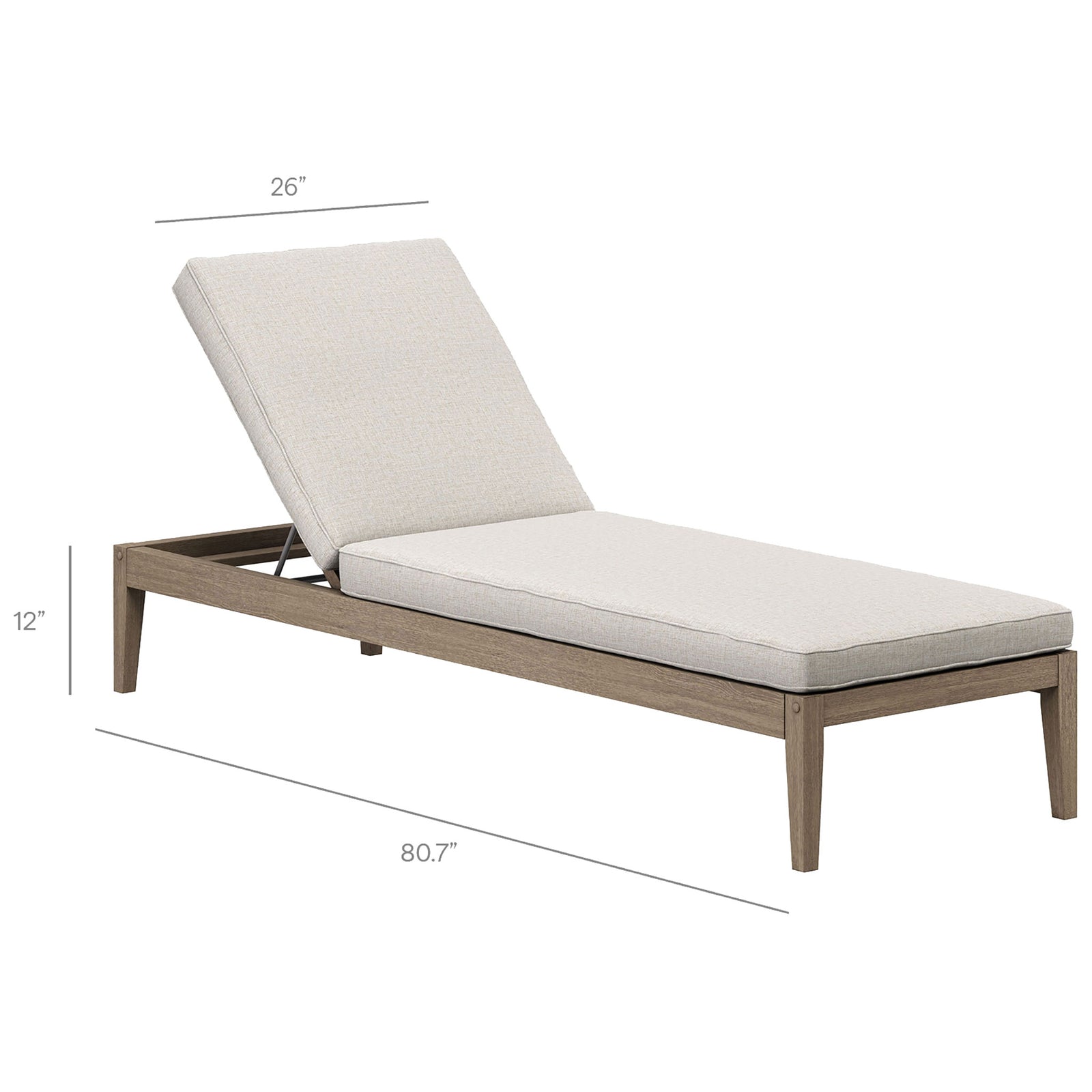 Dimension graphic of the teak chaise lounge with light pebble cushion showing overall length, width, and height || EEI-7256-WGR-PEB || dimension_studio