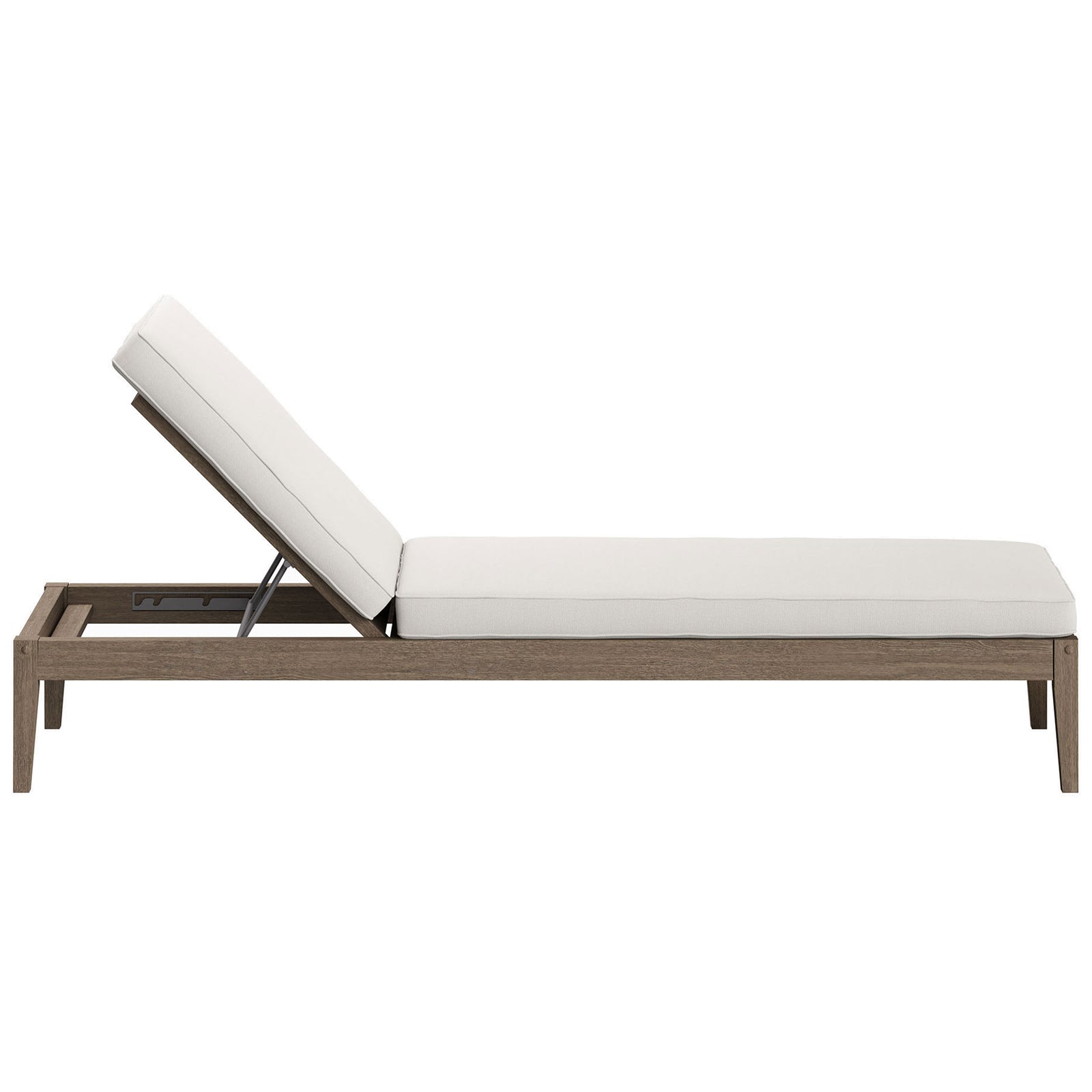 Slim teak chaise lounge with white cushion emphasizing the modern, low-profile silhouette || EEI-7256-WGR-WHI || side_converted_studio