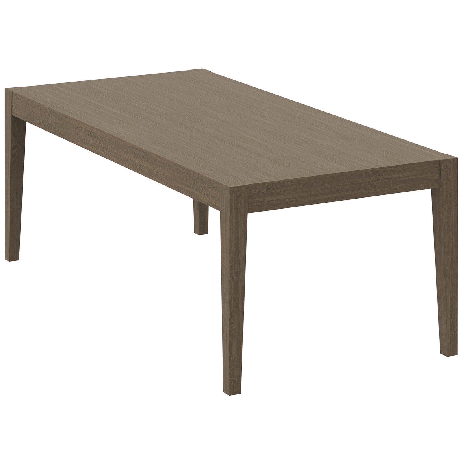 Sturdy teak patio table in a weathered gray finish with thick frame and refined rectangular silhouette || EEI-7257-WGR || front_angle_studio