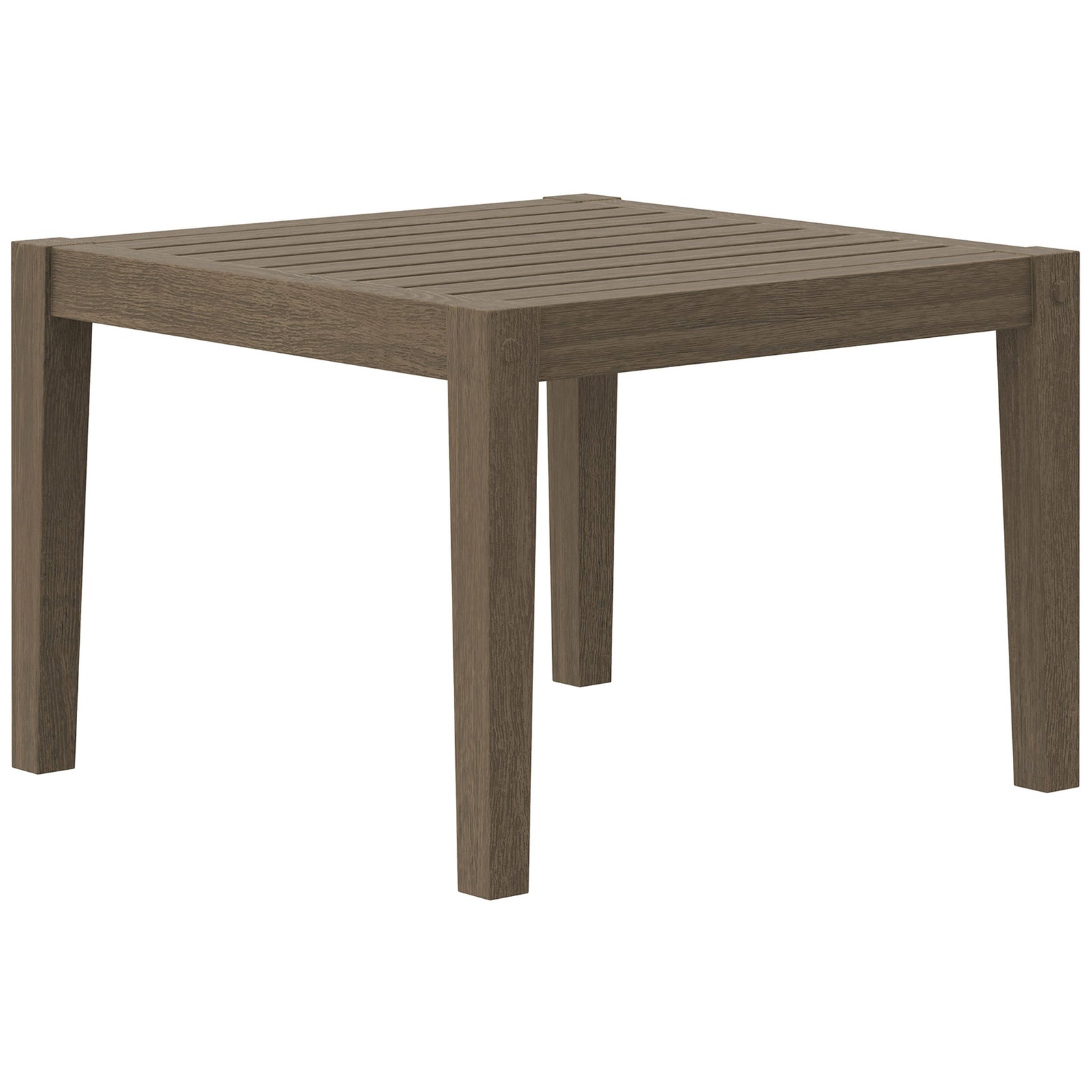 Weathered gray teak side table with tapered legs and open space beneath for outdoor lounging. || EEI-7258-WGR || front_angle_studio