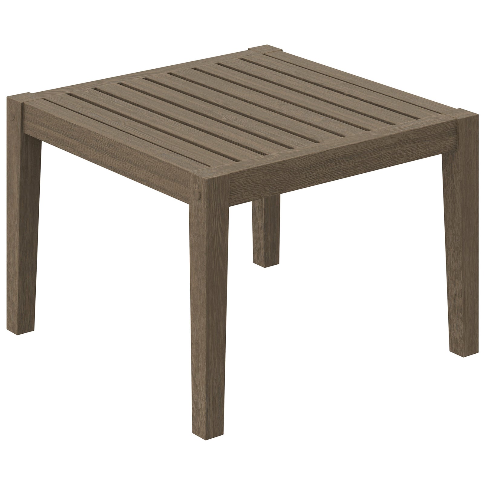 Compact square teak side table in weathered gray finish with evenly spaced slats for quick drainage. || EEI-7258-WGR || front_angle_studio