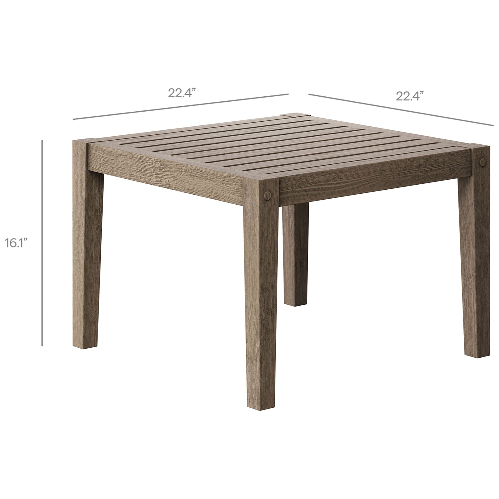 Dimension graphic showing the square teak side table measurements for easy outdoor space planning. || EEI-7258-WGR || dimension_studio