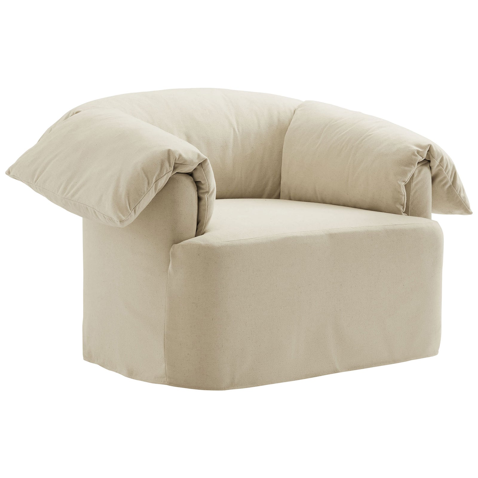 Barrel-inspired chair with draped arm cushions and a deep, inviting seat in linen-blend upholstery || EEI-7259-LIN || front_angle_studio