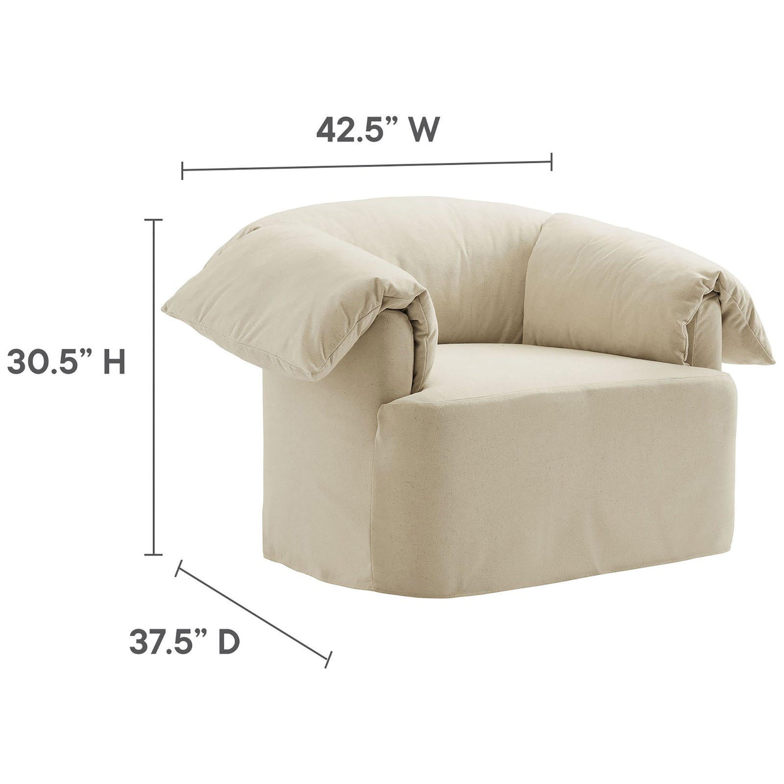 Generous proportions with 42.5 in width, 37.5 in depth, and 30.5 in height for lounge-worthy comfort || EEI-7259-LIN || dimension_studio