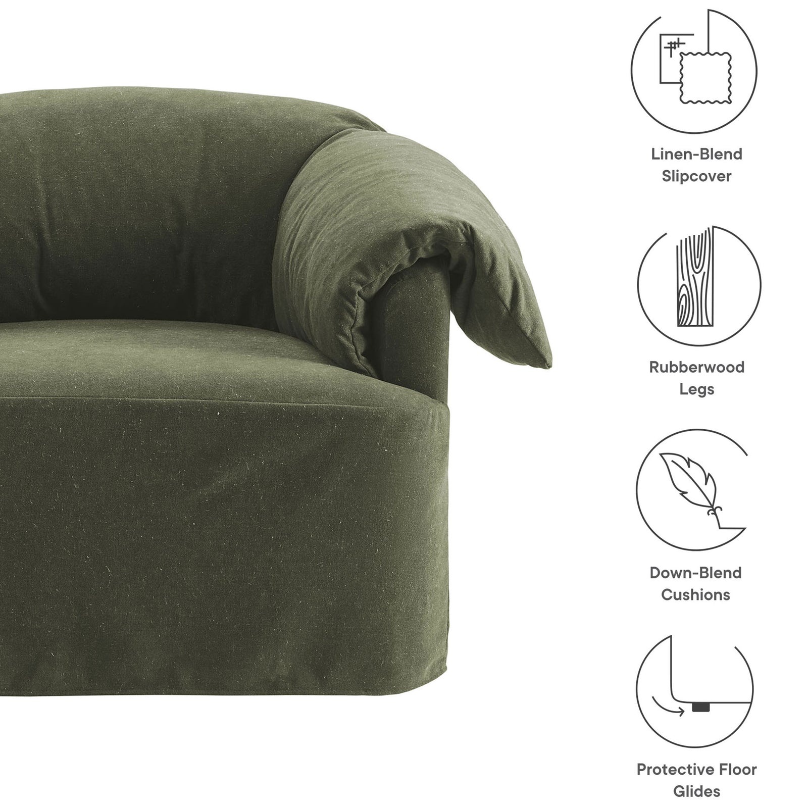 Linen-blend slipcover, down-blend cushions, rubberwood legs, and protective floor glides || EEI-7259-SGE || callout_studio