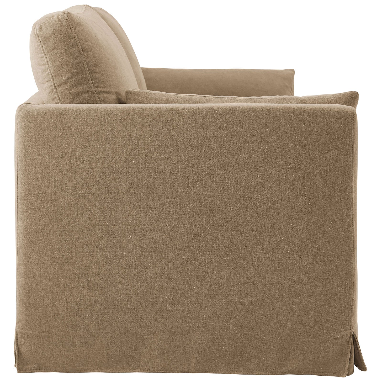 Tailored slipcovered sofa showcasing slim track arm, plush back cushion, and crisp corner pleat detail. || EEI-7260-ALM || side_studio
