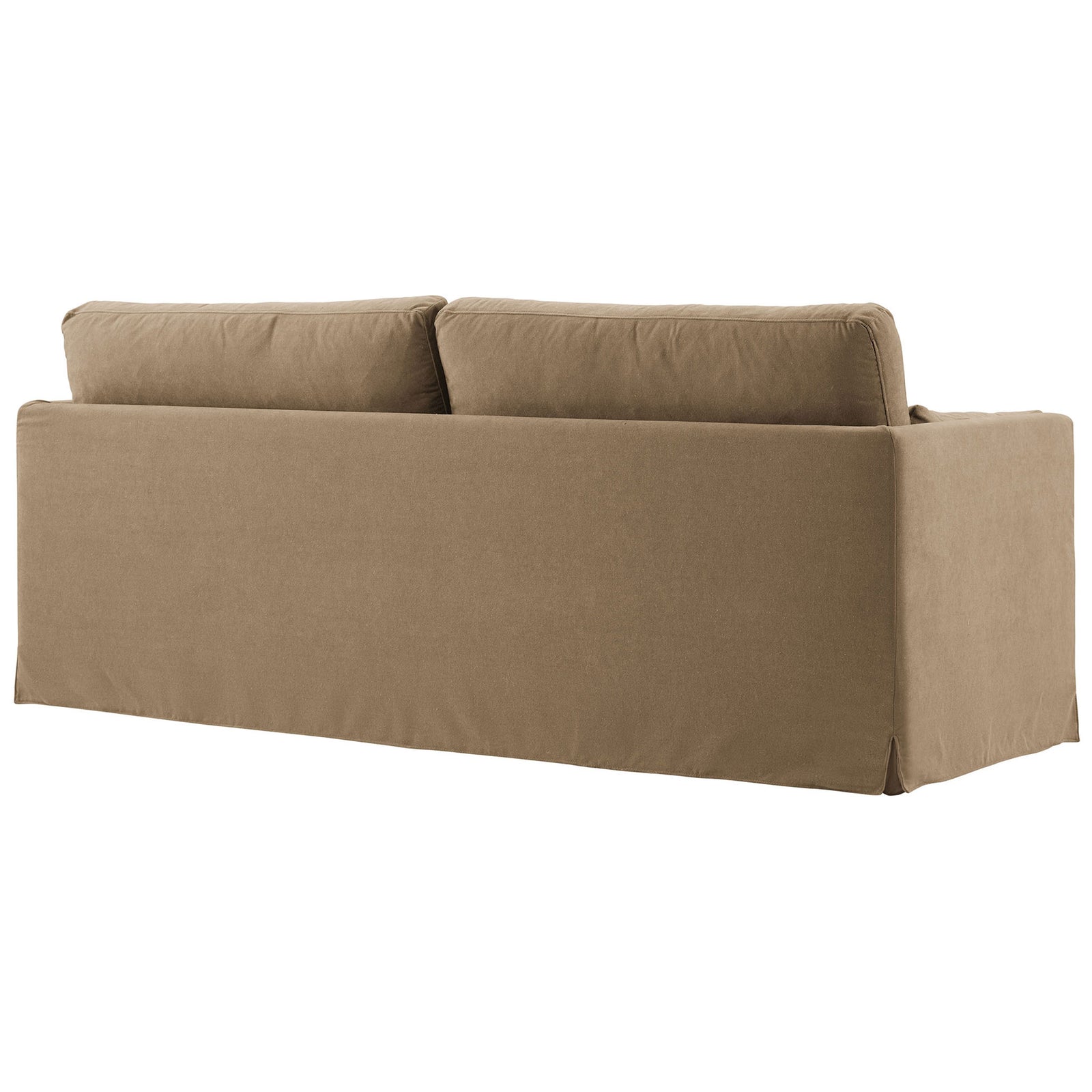 Smooth slipcovered sofa back with full-length skirt and softly rounded cushions in almond fabric. || EEI-7260-ALM || back_angle_studio