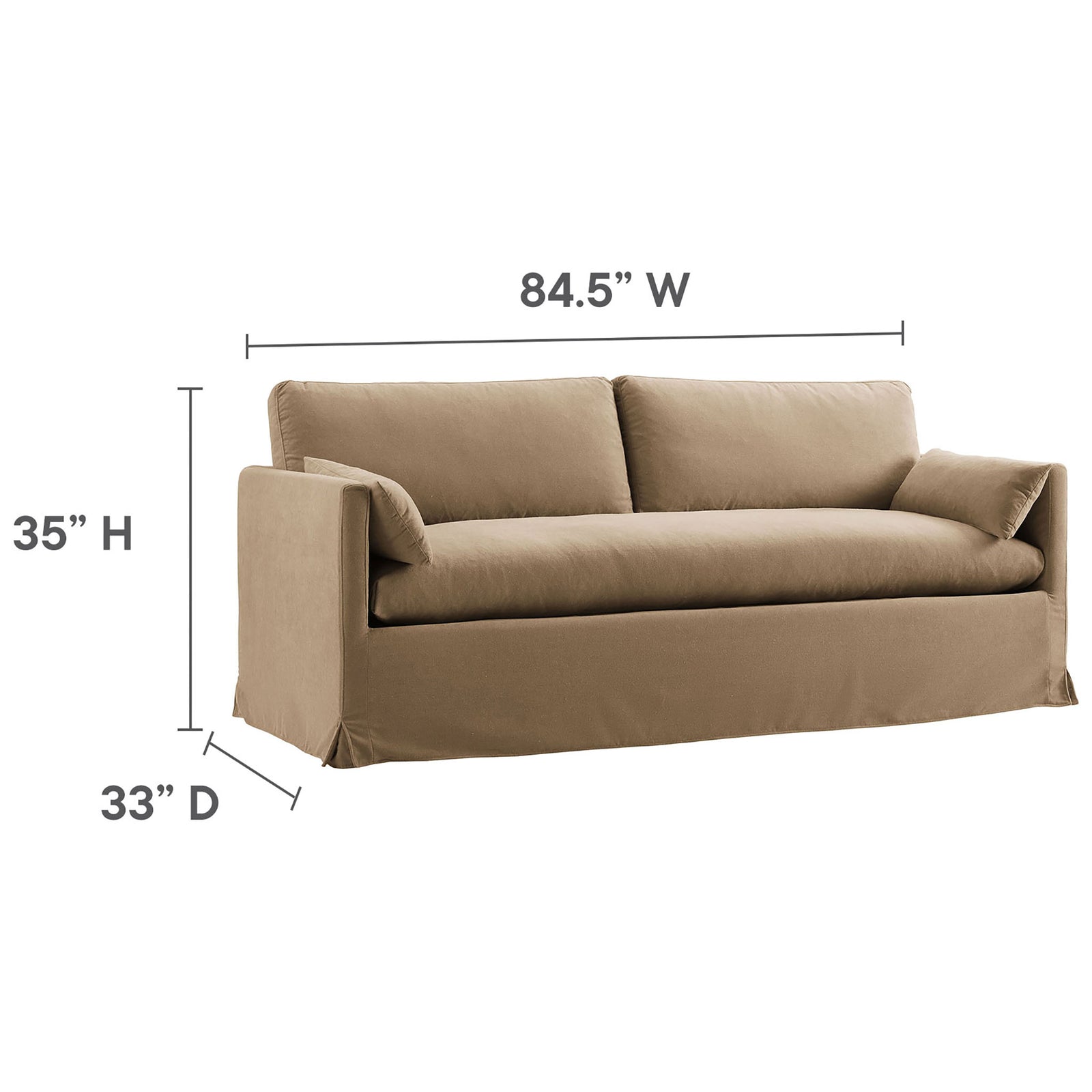 Almond slipcovered sofa with deep bench seat and labeled dimensions of width, depth, and height. || EEI-7260-ALM || dimension_studio