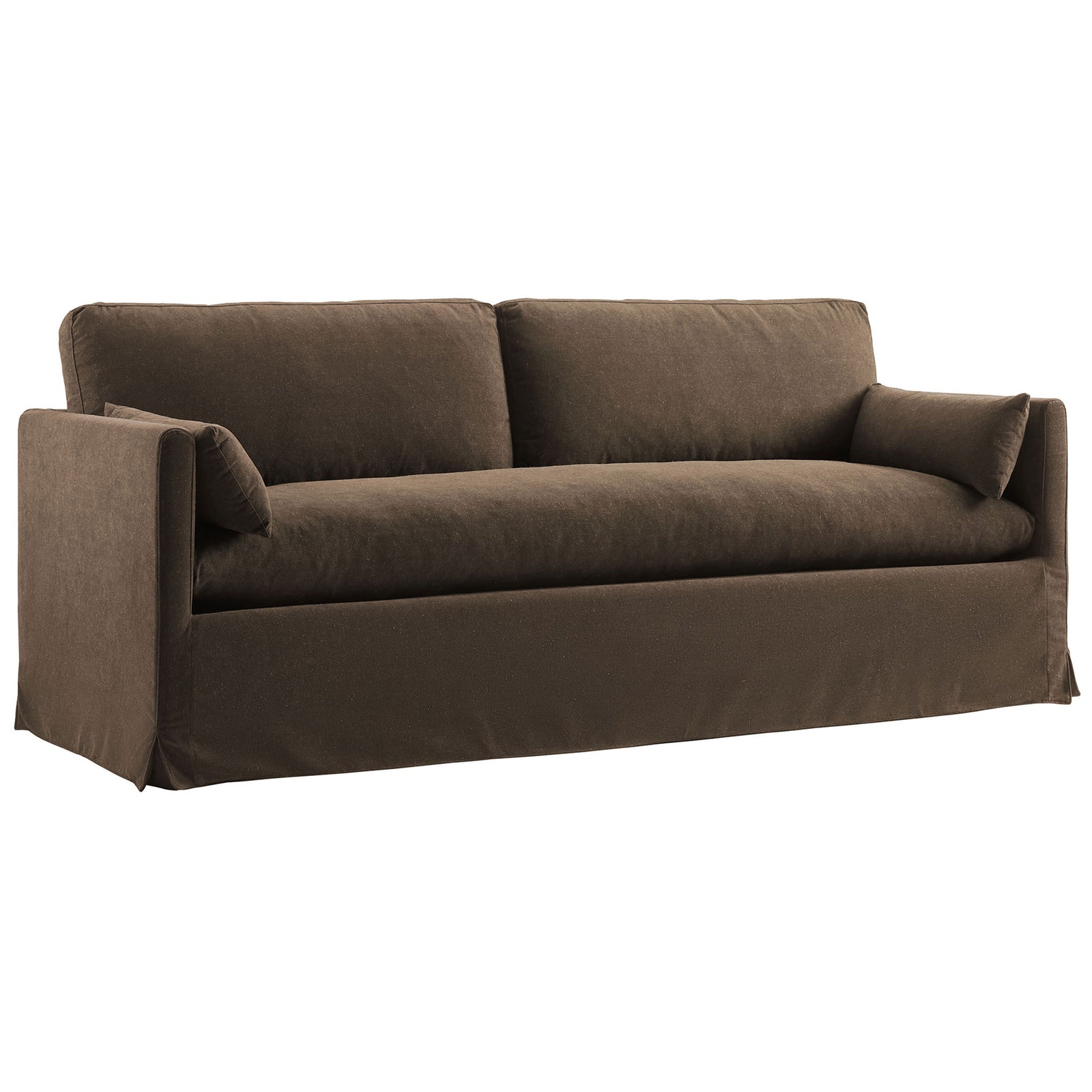 Modern cocoa slipcovered sofa with clean track arms, tailored skirt, and inviting down-blend bench seat. || EEI-7260-COA || front_angle_studio