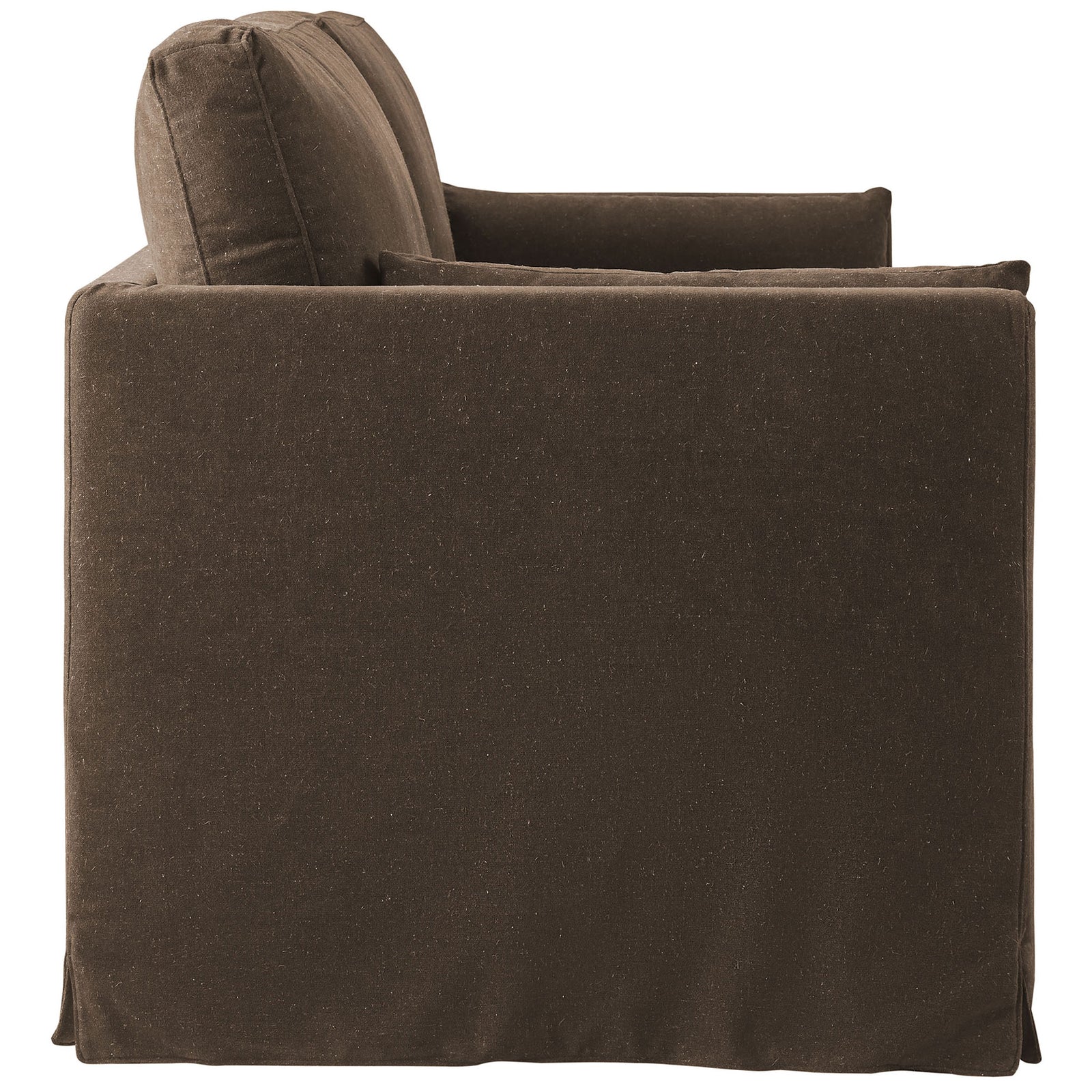 Sleek cocoa slipcovered sofa highlighting slim track arms and a full floor-length tailored skirt. || EEI-7260-COA || side_studio