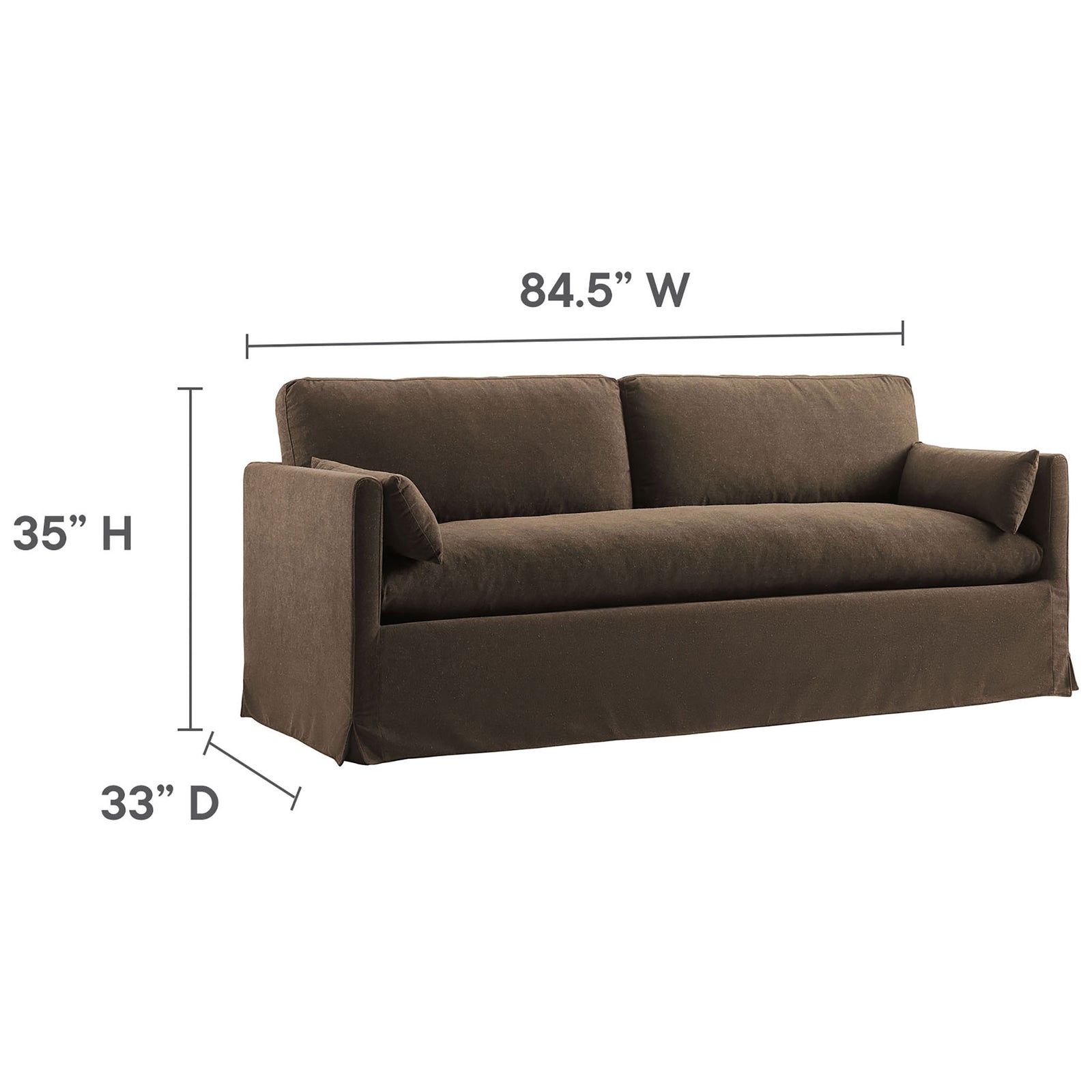 Dimension diagram of the cocoa slipcovered sofa showing its 84.5 inch width, 33 inch depth, and 35 inch height. || EEI-7260-COA || dimension_studio